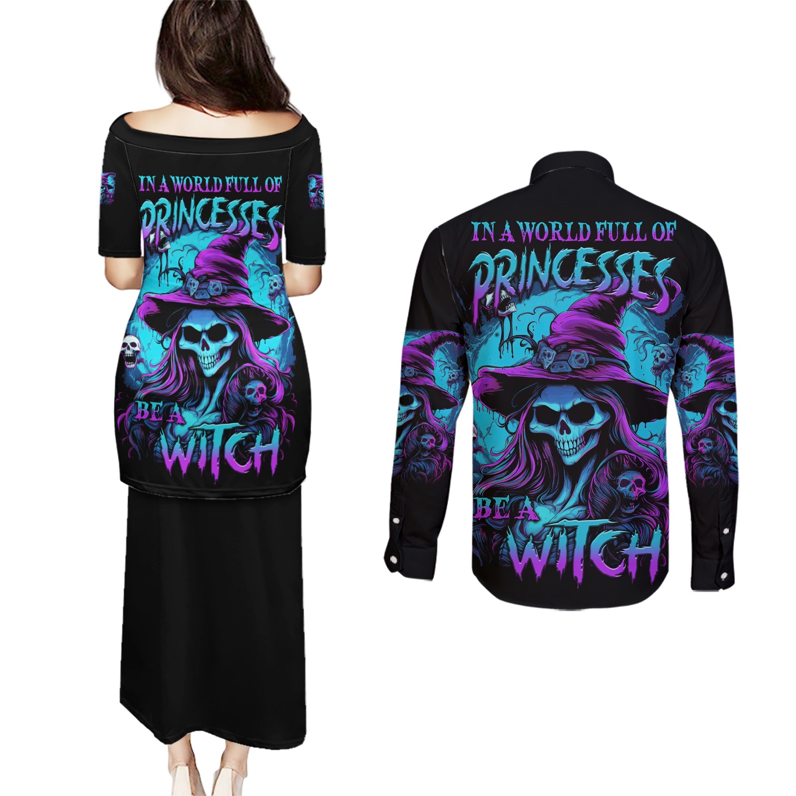 in-a-world-full-of-princesses-be-a-witch-halloween-couples-matching-puletasi-dress-and-long-sleeve-button-shirt