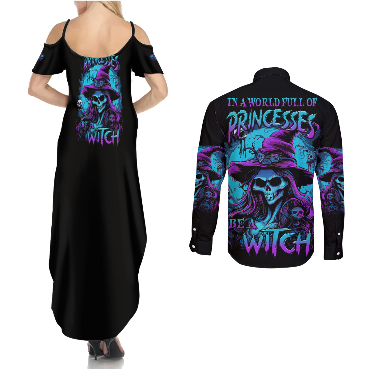 in-a-world-full-of-princesses-be-a-witch-halloween-couples-matching-summer-maxi-dress-and-long-sleeve-button-shirt