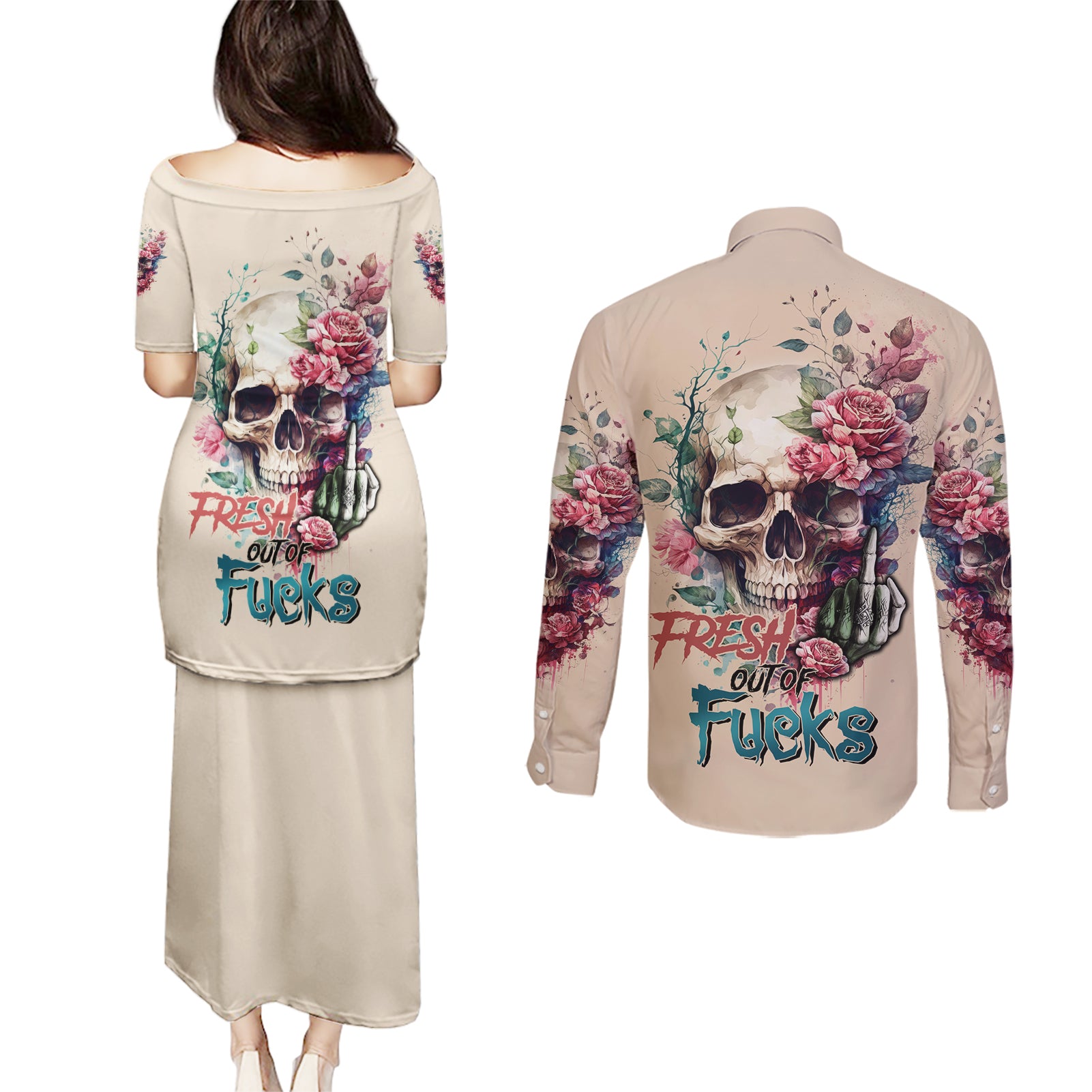 fresh-out-of-f-watercolor-skull-couples-matching-puletasi-dress-and-long-sleeve-button-shirt