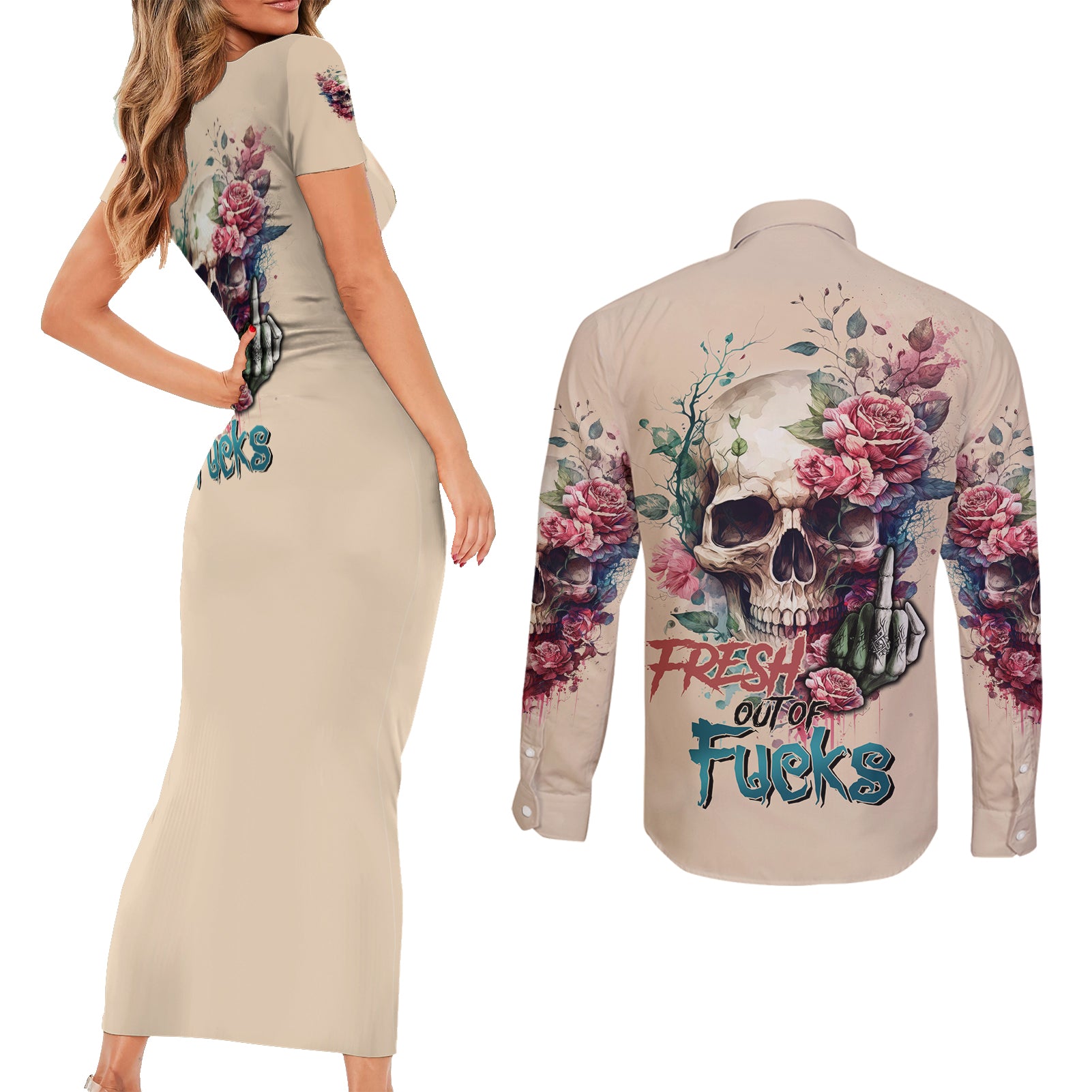 fresh-out-of-f-watercolor-skull-couples-matching-short-sleeve-bodycon-dress-and-long-sleeve-button-shirt