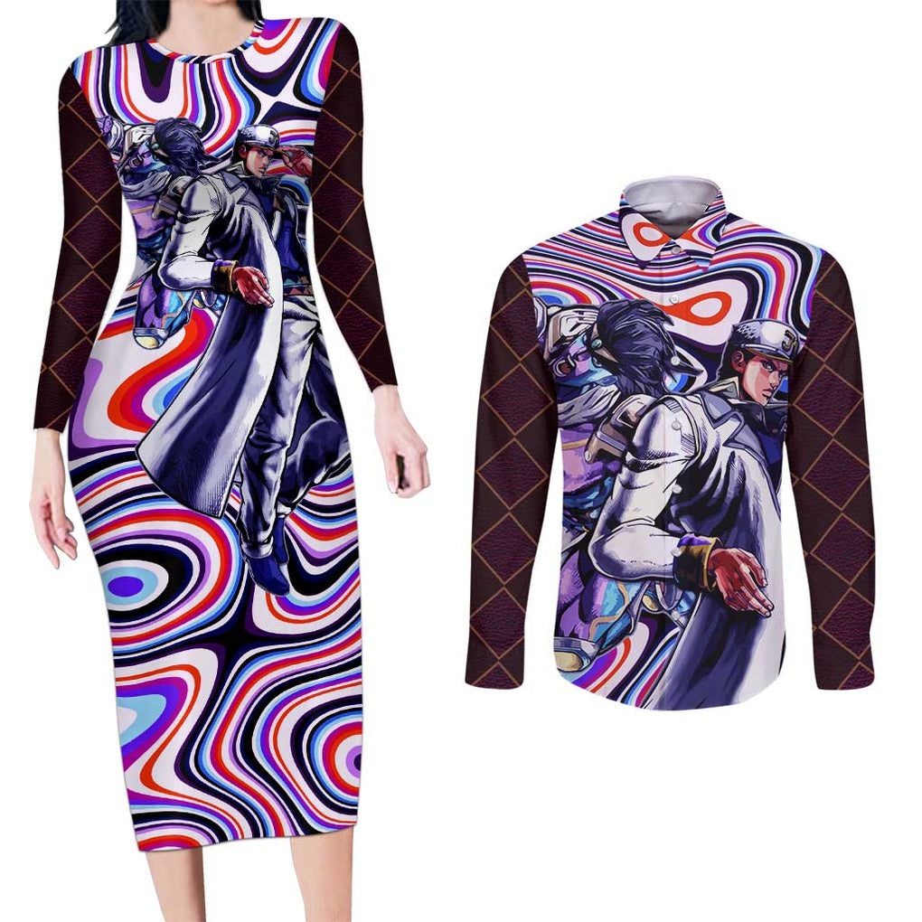 Trippy Jotaro Kujo JoJo’s Bizarre Adventure Couples Matching Long Sleeve Bodycon Dress and Long Sleeve Button Shirt Anime Mix Trippy Style