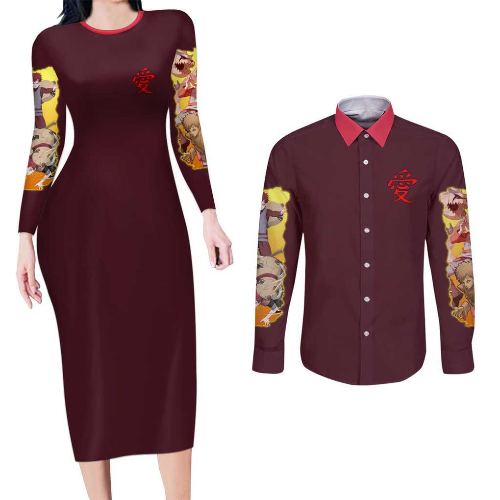 Gaara V2 Naruto Couples Matching Long Sleeve Bodycon Dress and Long Sleeve Button Shirt Japan Anime Style