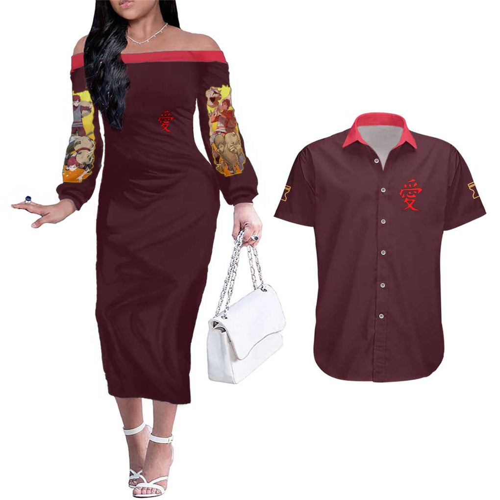 Gaara V2 Naruto Couples Matching Off The Shoulder Long Sleeve Dress and Hawaiian Shirt Japan Anime Style