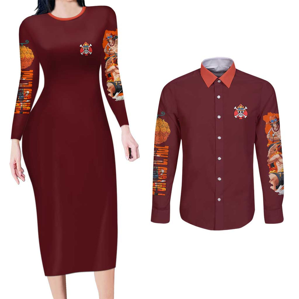 Portgas D. Ace V3 One Piece Couples Matching Long Sleeve Bodycon Dress and Long Sleeve Button Shirt Japan Anime Style