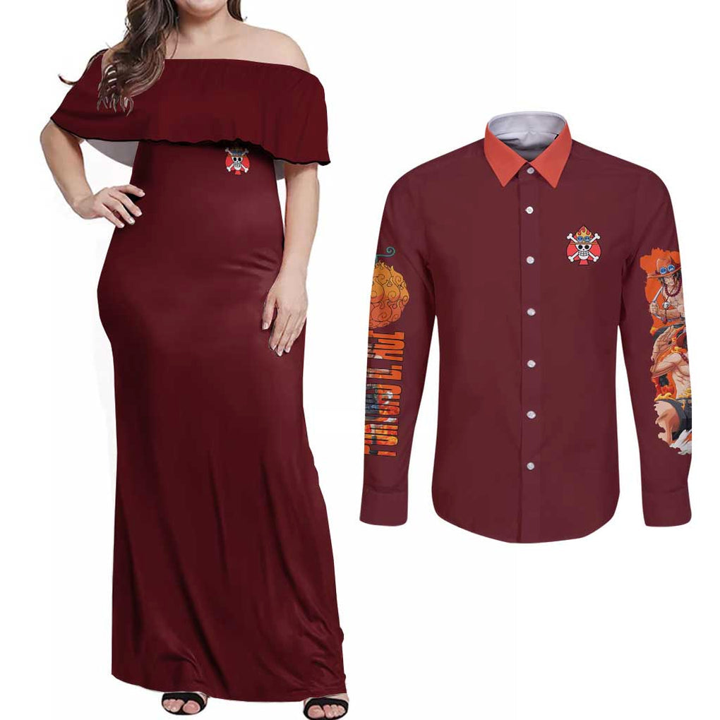 Portgas D. Ace V3 One Piece Couples Matching Off Shoulder Maxi Dress and Long Sleeve Button Shirt Japan Anime Style