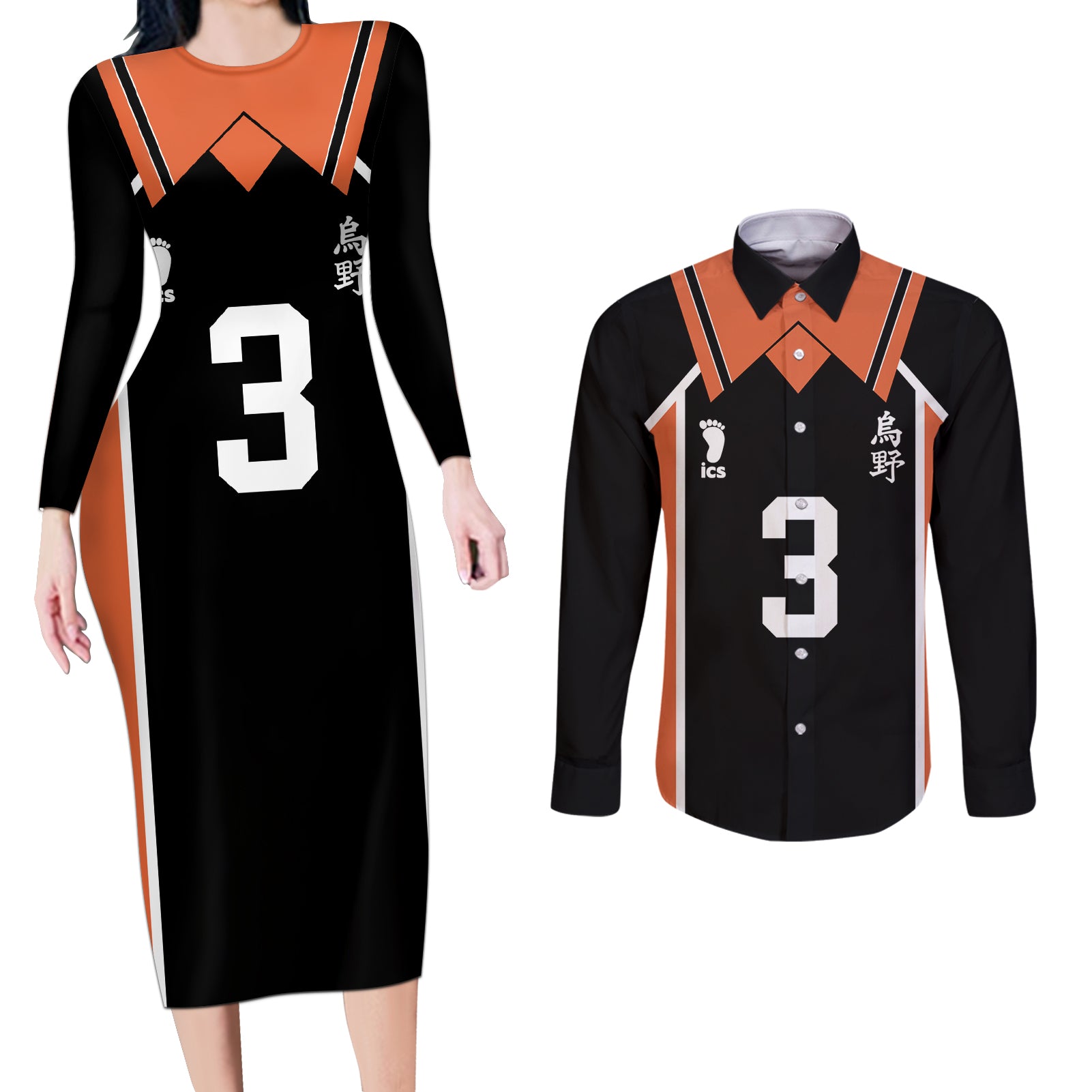 Karasuno Asahi Azumane Couples Matching Long Sleeve Bodycon Dress and Long Sleeve Button Shirt