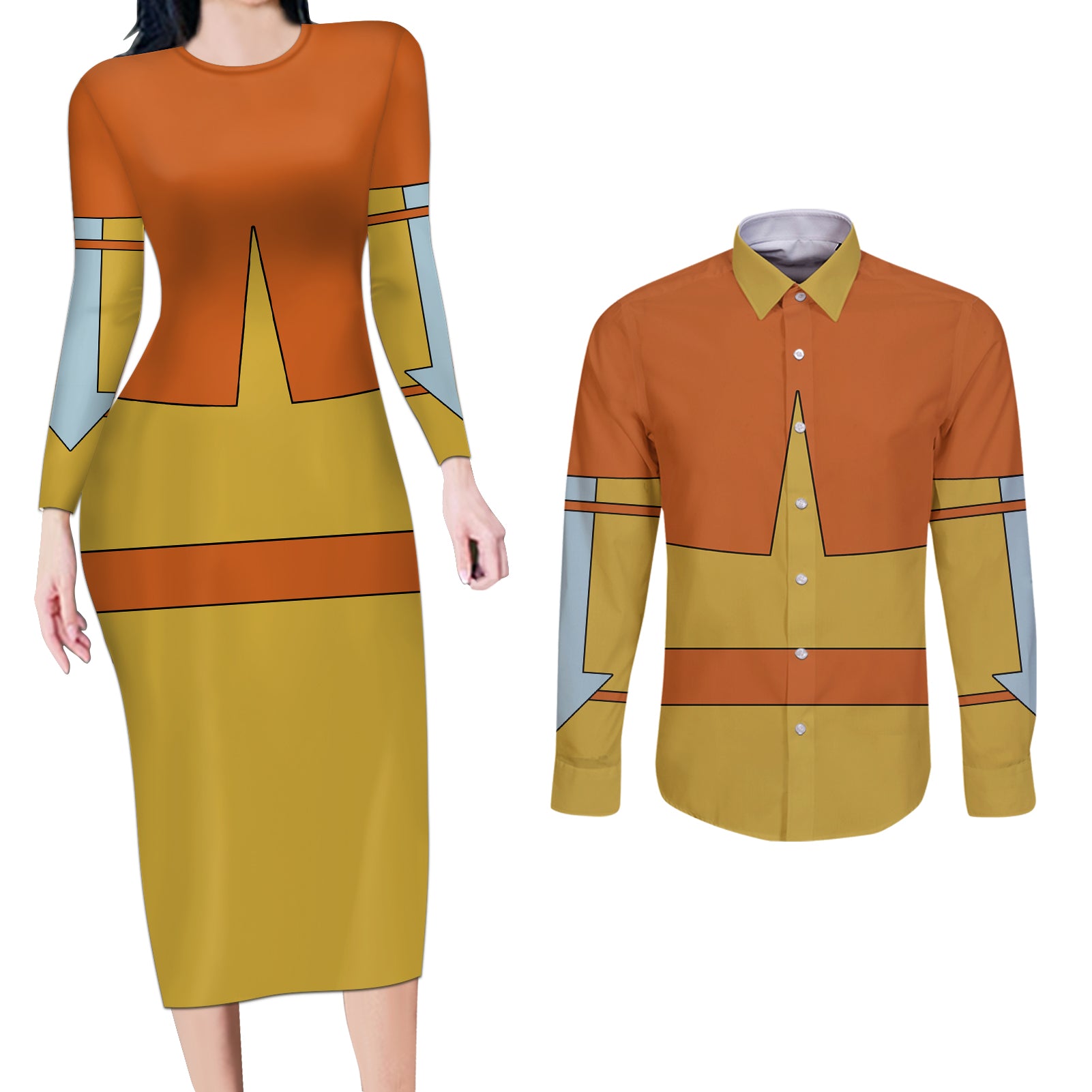 Avatar Aang Couples Matching Long Sleeve Bodycon Dress and Long Sleeve Button Shirt