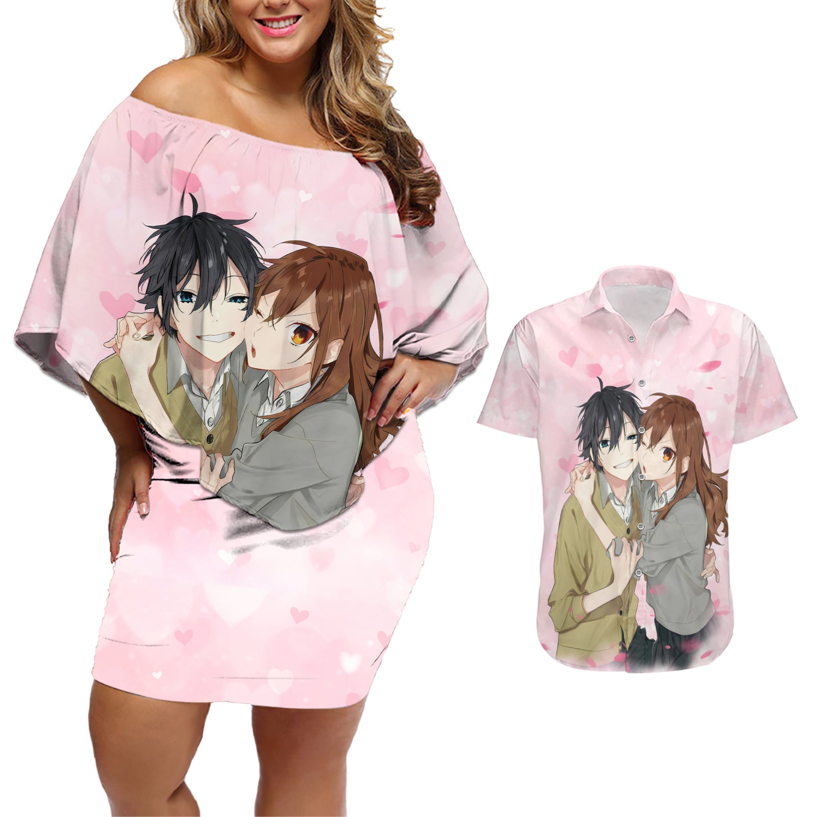 Horimiya Hori San To Miyamura Kun Anime Couples Matching Off Shoulder Short Dress and Hawaiian Shirt