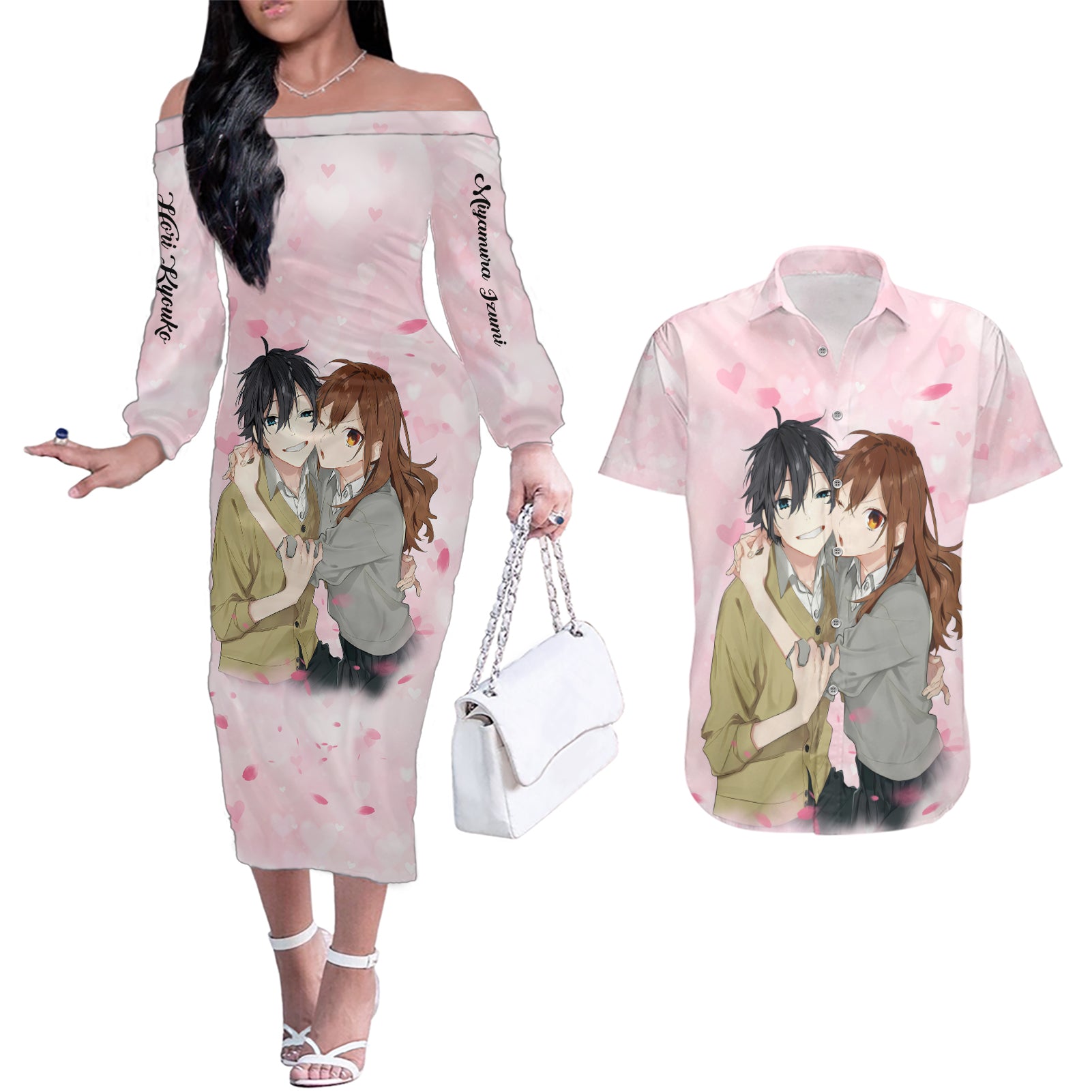 Horimiya Hori San To Miyamura Kun Anime Couples Matching Off The Shoulder Long Sleeve Dress and Hawaiian Shirt