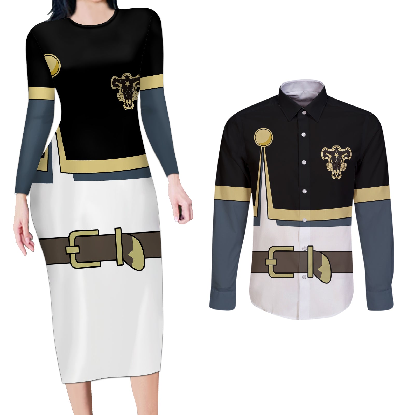 Black Bull Asta Couples Matching Long Sleeve Bodycon Dress and Long Sleeve Button Shirt