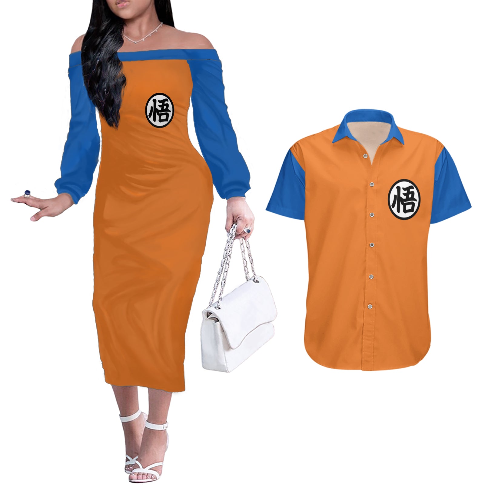 Goku Kanji Symbol Dragon Ball Anime Couples Matching Off The Shoulder Long Sleeve Dress and Hawaiian Shirt