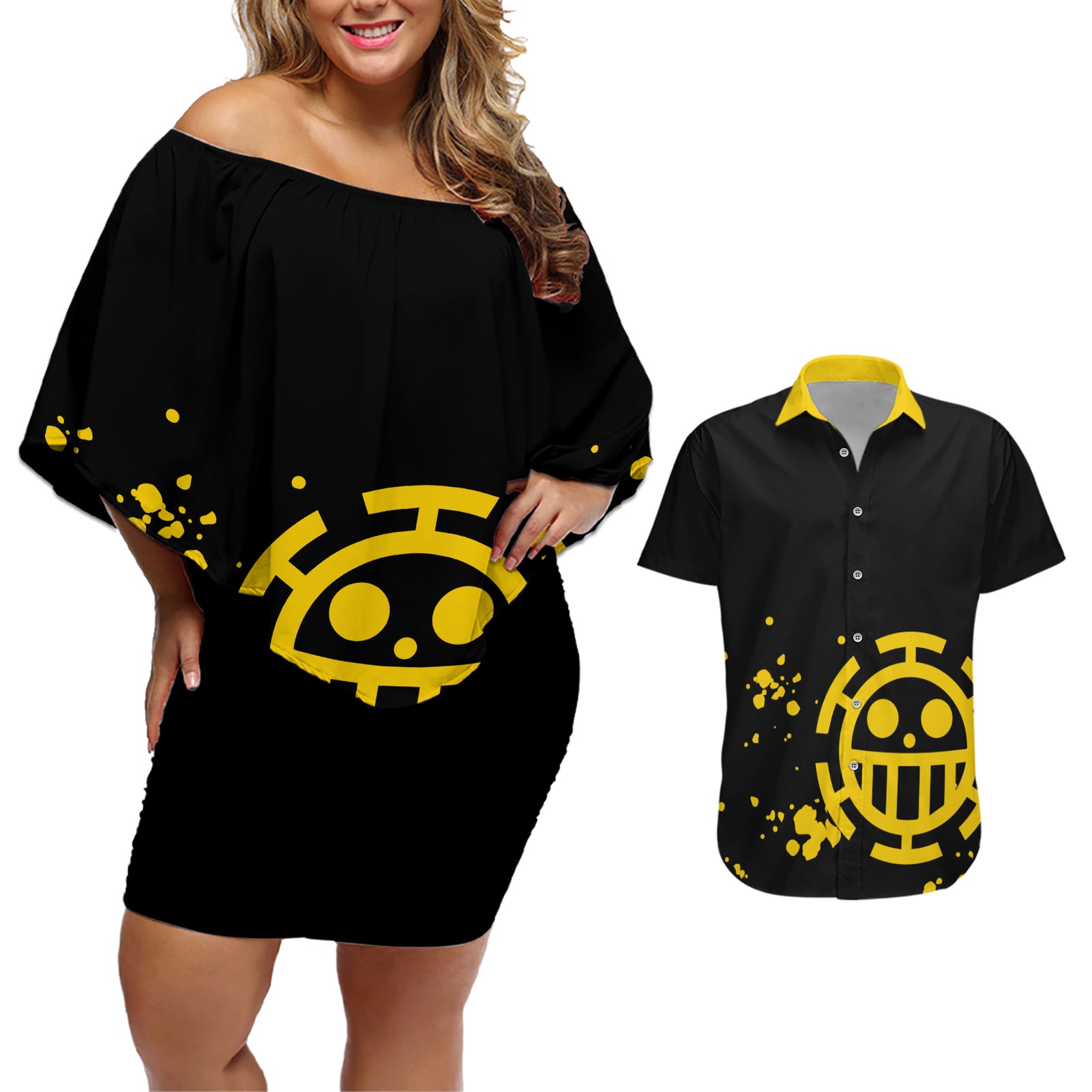 Trafalgar D Law Couples Matching Off Shoulder Short Dress and Hawaiian Shirt