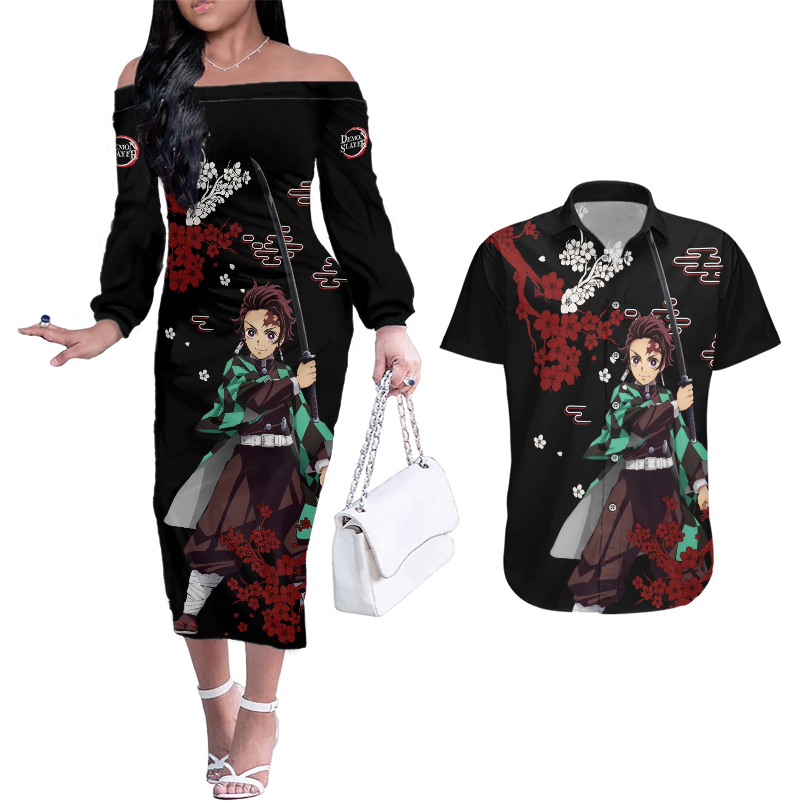 Tanjiro Kamado Japan Style Couples Matching Off The Shoulder Long Sleeve Dress and Hawaiian Shirt