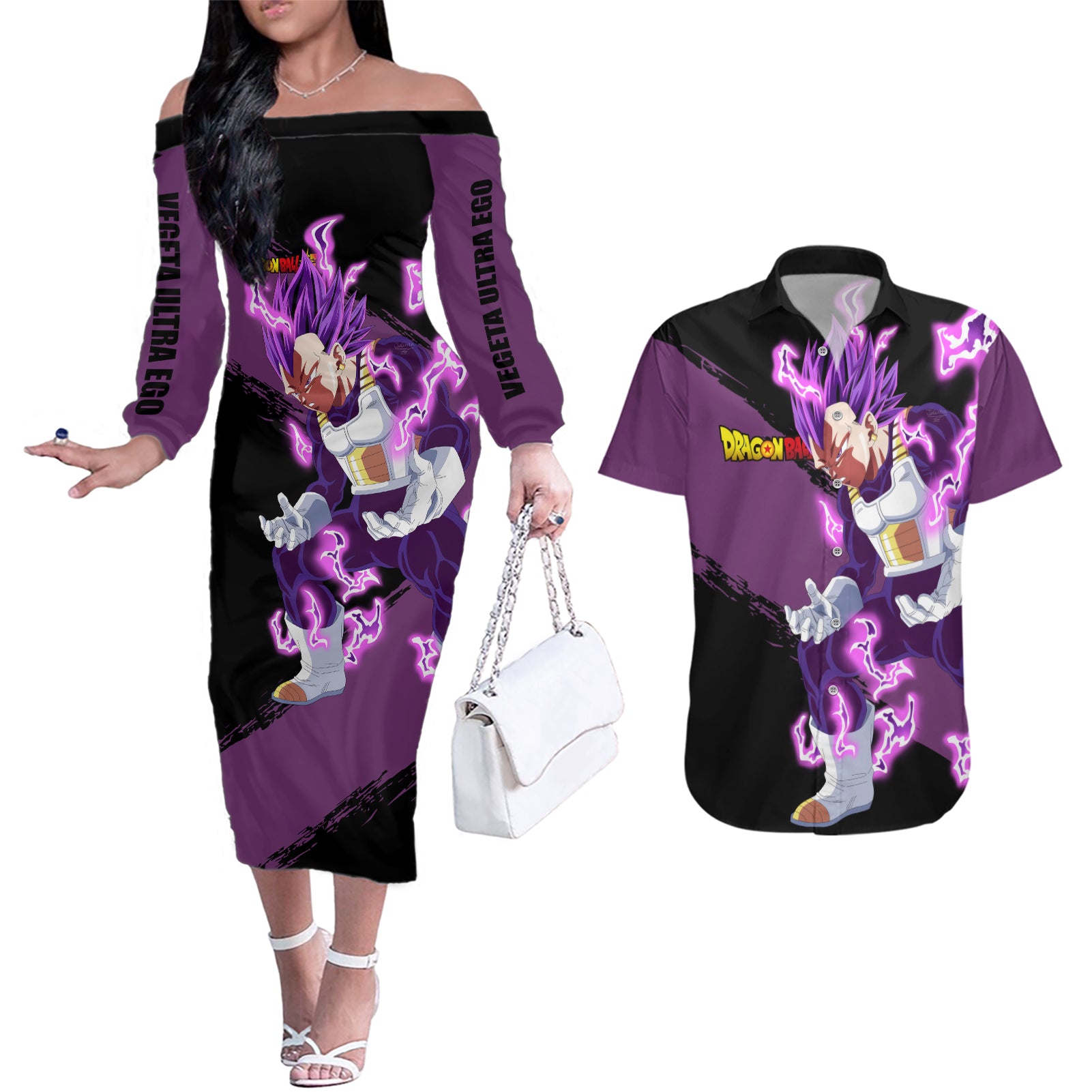 Vegeta Ultra Ego Dragon Ball Couples Matching Off The Shoulder Long Sleeve Dress and Hawaiian Shirt