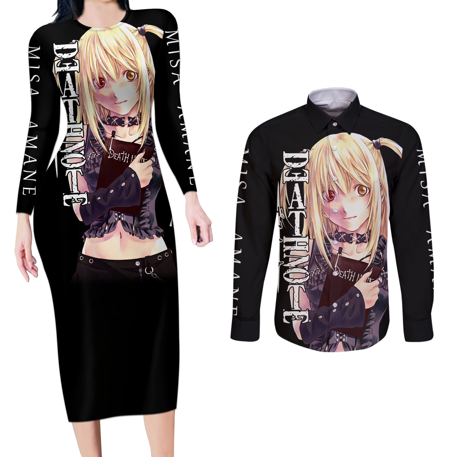 Misa Amane Couples Matching Long Sleeve Bodycon Dress and Long Sleeve Button Shirt