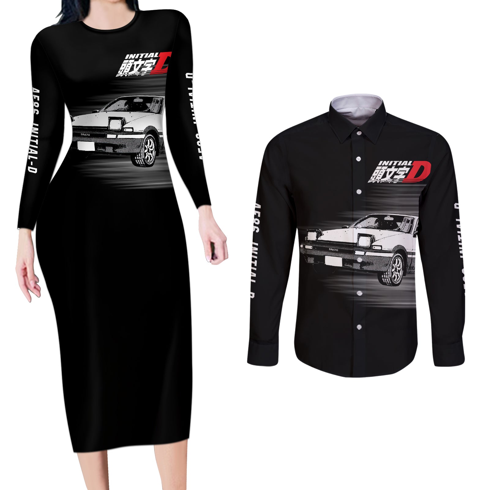 Fujiwara Tofu AE86 Couples Matching Long Sleeve Bodycon Dress and Long Sleeve Button Shirt