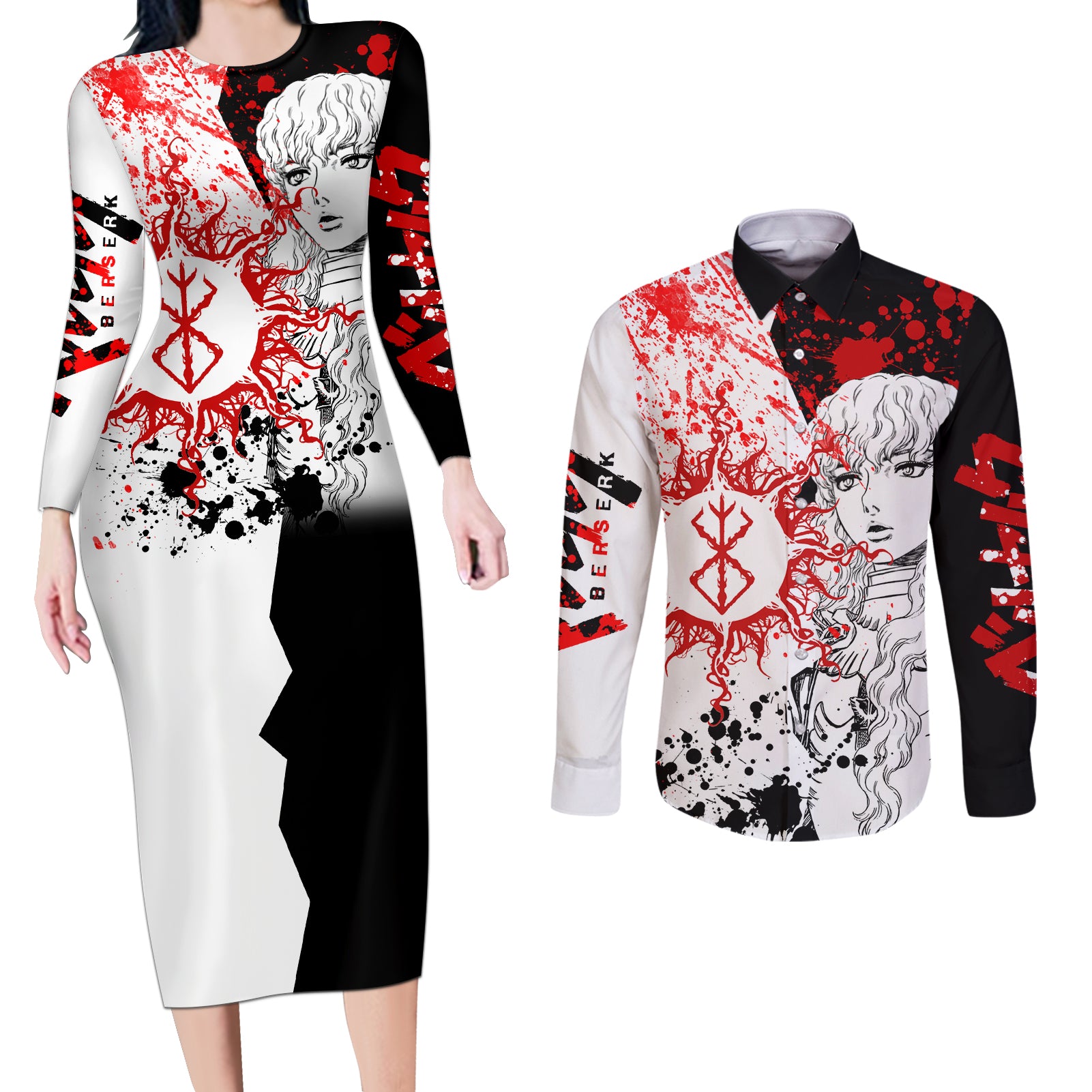 Griffith - Grunge Black And White Couples Matching Long Sleeve Bodycon Dress and Long Sleeve Button Shirt