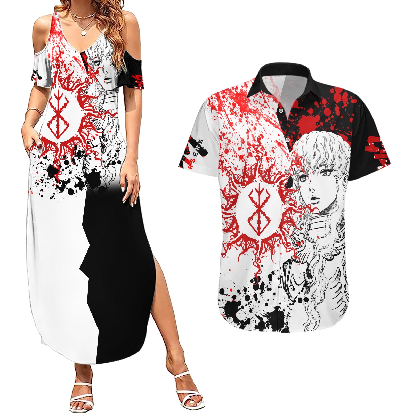 Griffith - Grunge Black And White Couples Matching Summer Maxi Dress and Hawaiian Shirt