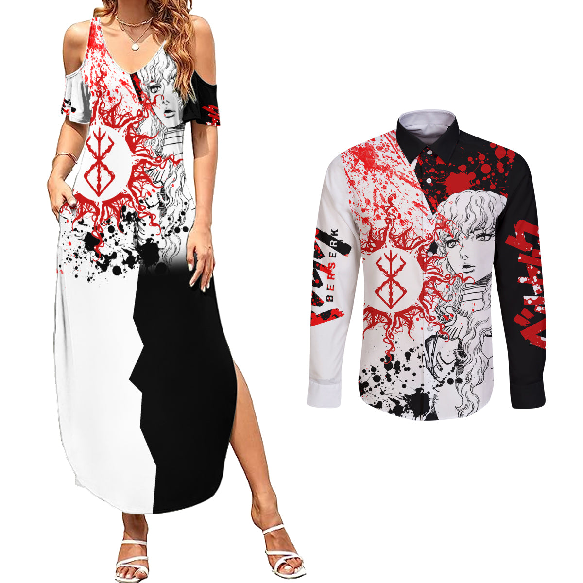 Griffith - Grunge Black And White Couples Matching Summer Maxi Dress and Long Sleeve Button Shirt