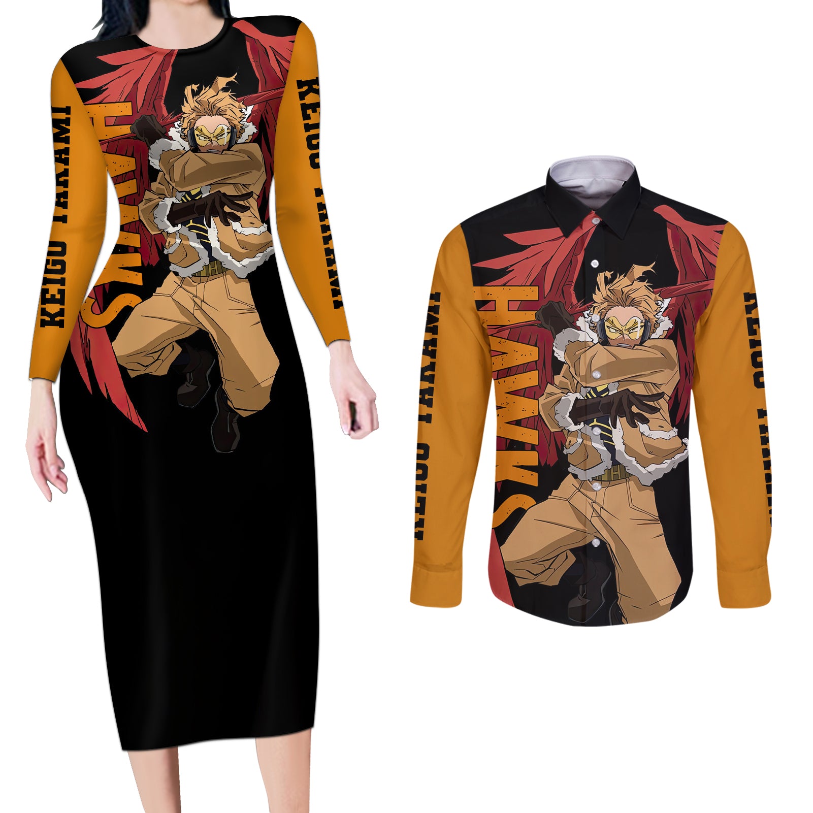 Hawks - Keigo Takami Couples Matching Long Sleeve Bodycon Dress and Long Sleeve Button Shirt