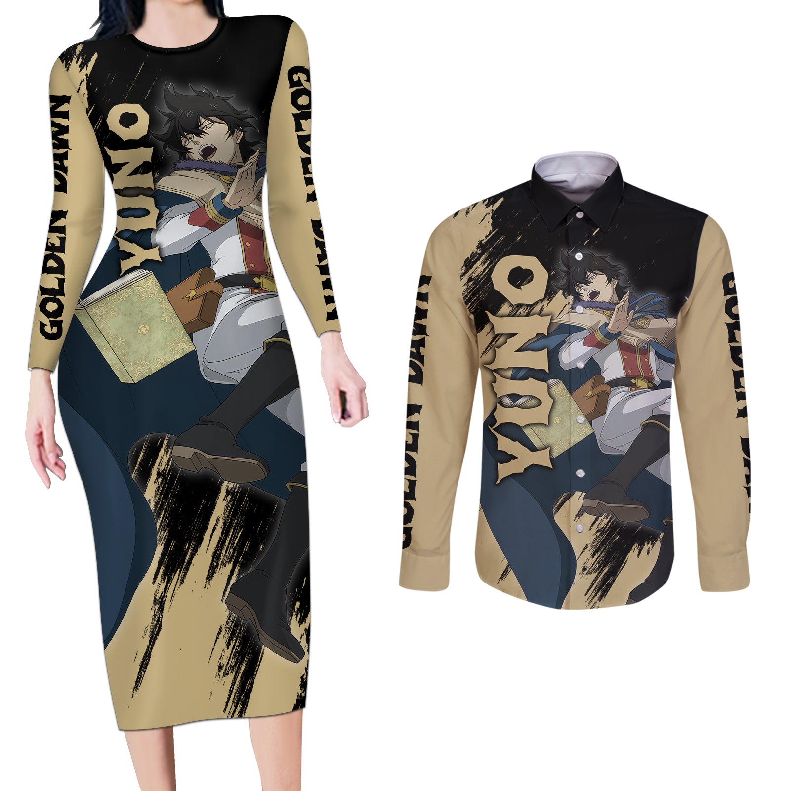 Yuno Couples Matching Long Sleeve Bodycon Dress and Long Sleeve Button Shirt Golden Dawn