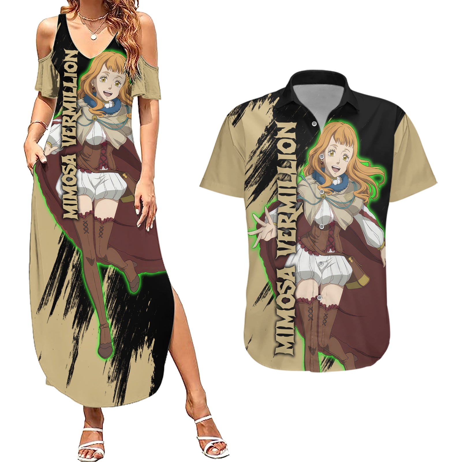 Mimosa Vermillion Couples Matching Summer Maxi Dress and Hawaiian Shirt Golden Dawn