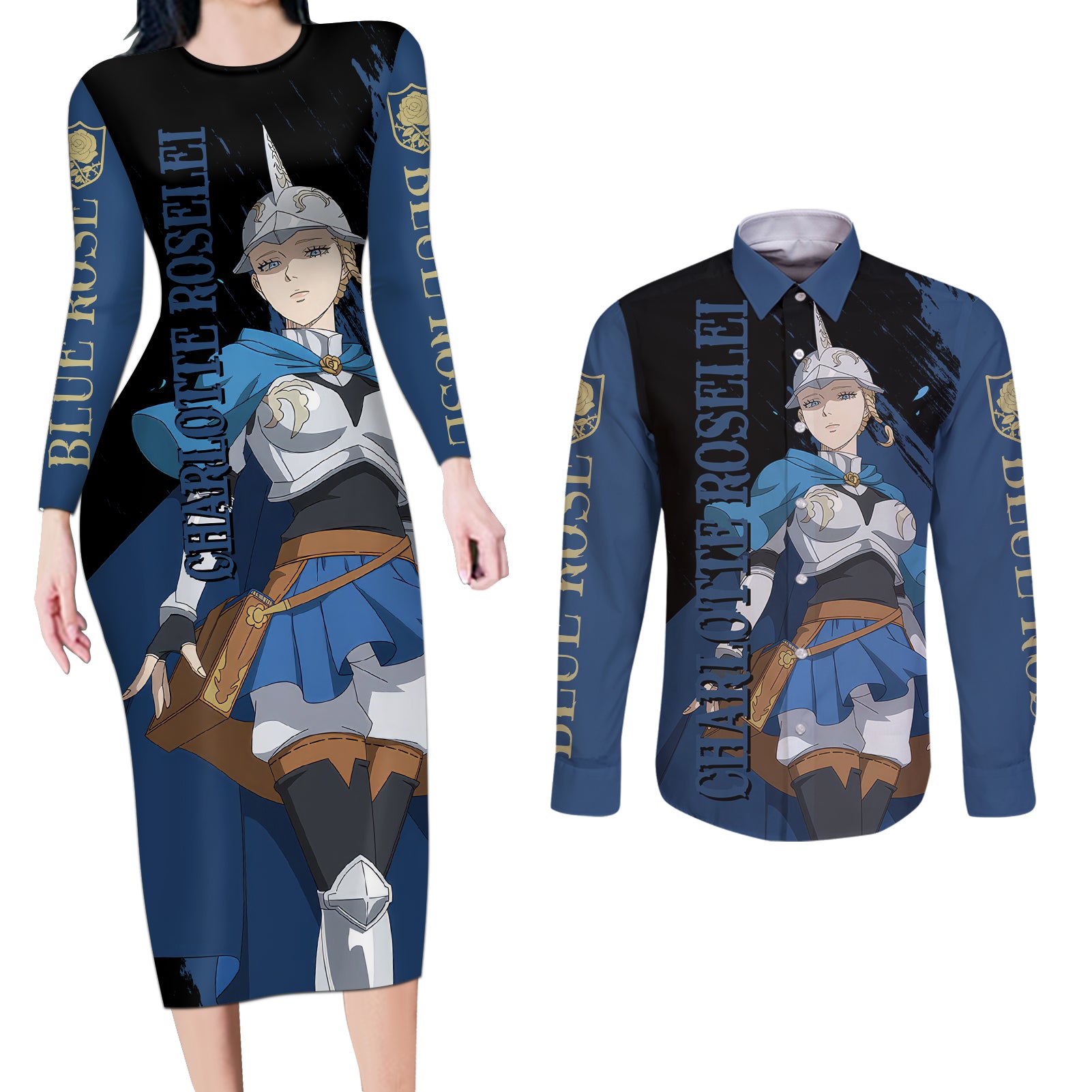 Blue Rose Charlotte Roselei Couples Matching Long Sleeve Bodycon Dress and Long Sleeve Button Shirt Black Clover