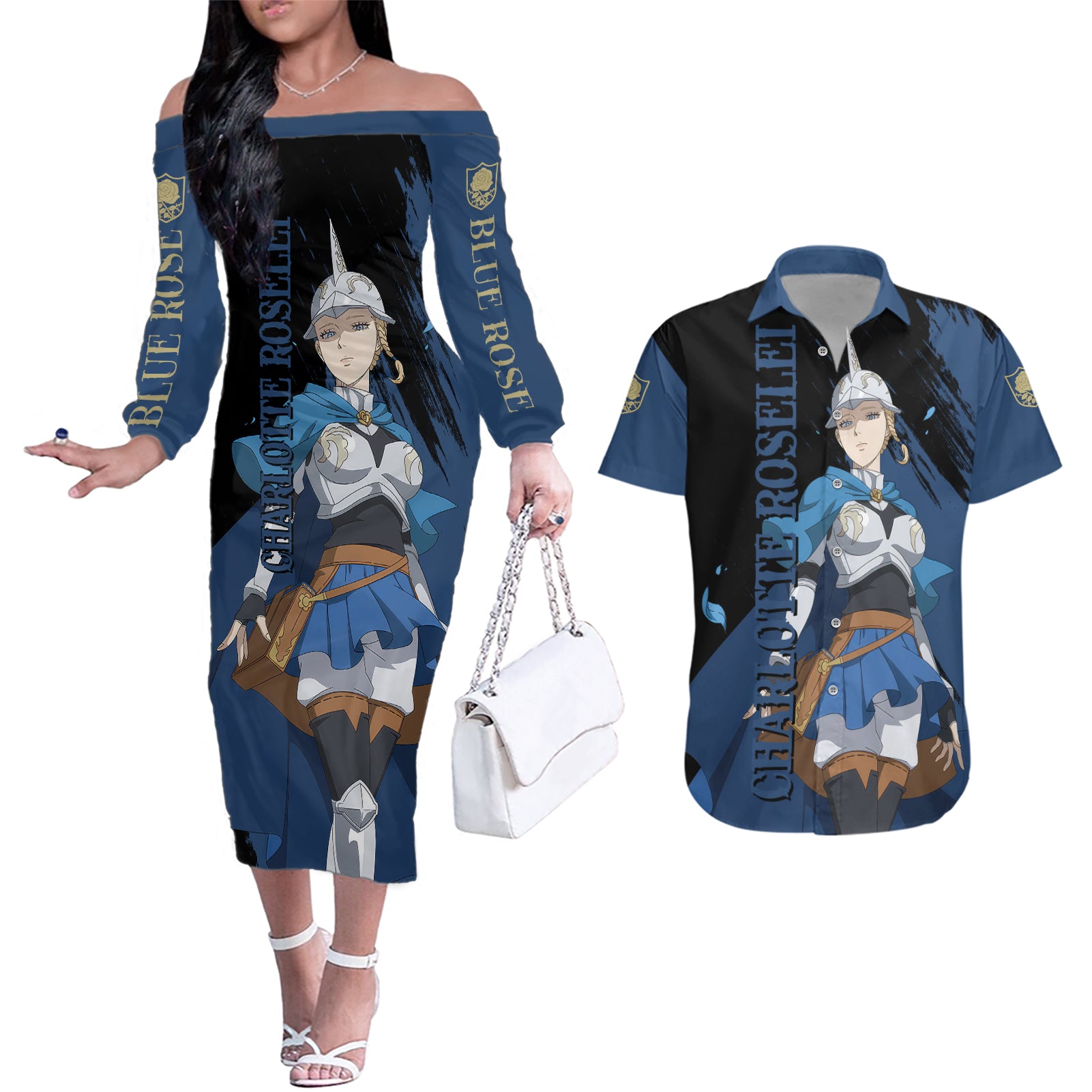 Blue Rose Charlotte Roselei Couples Matching Off The Shoulder Long Sleeve Dress and Hawaiian Shirt Black Clover