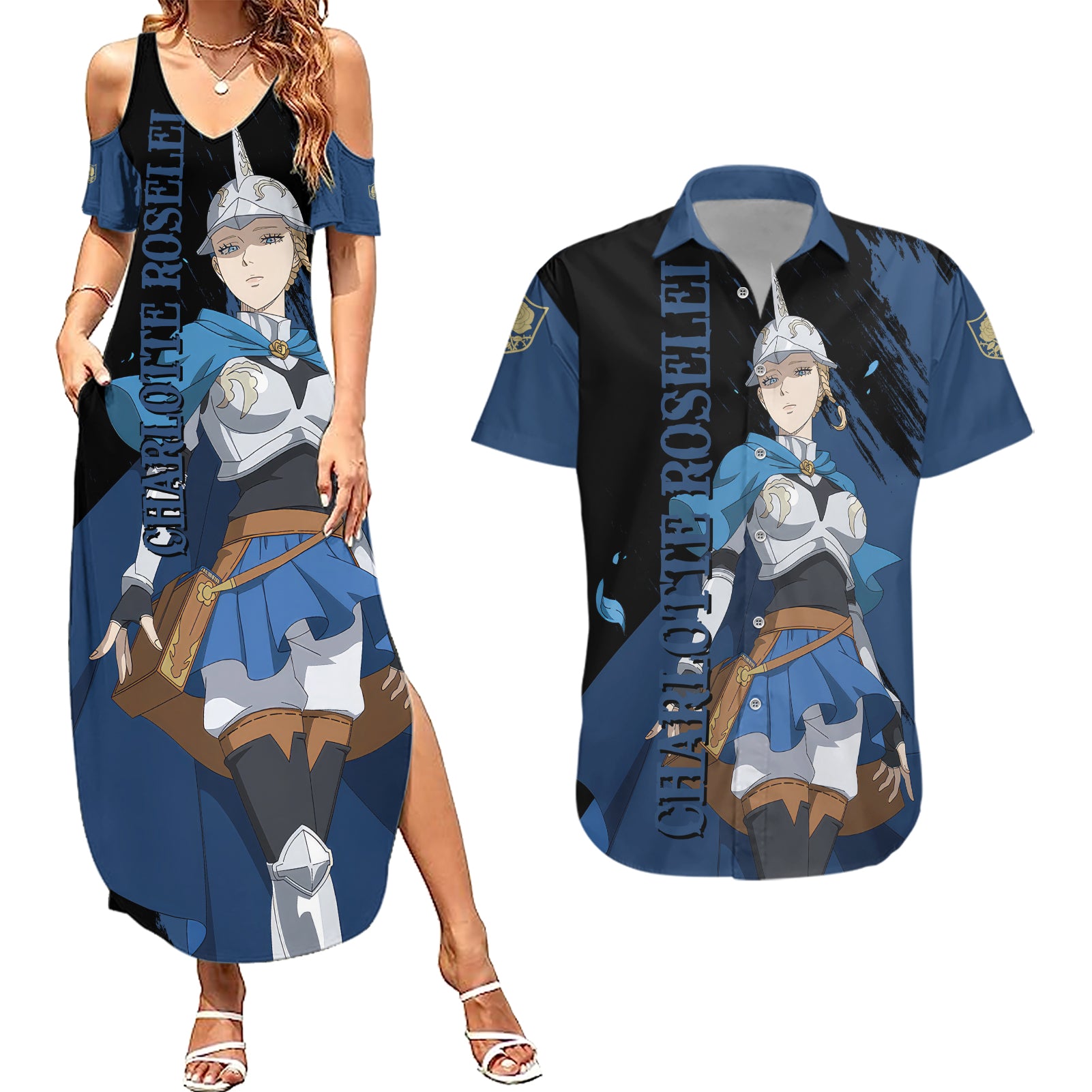 Blue Rose Charlotte Roselei Couples Matching Summer Maxi Dress and Hawaiian Shirt Black Clover