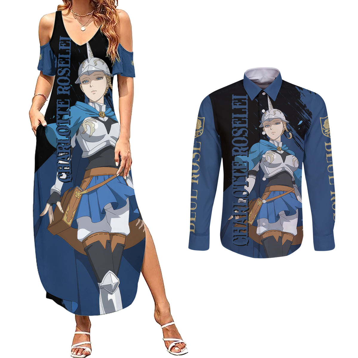 Blue Rose Charlotte Roselei Couples Matching Summer Maxi Dress and Long Sleeve Button Shirt Black Clover