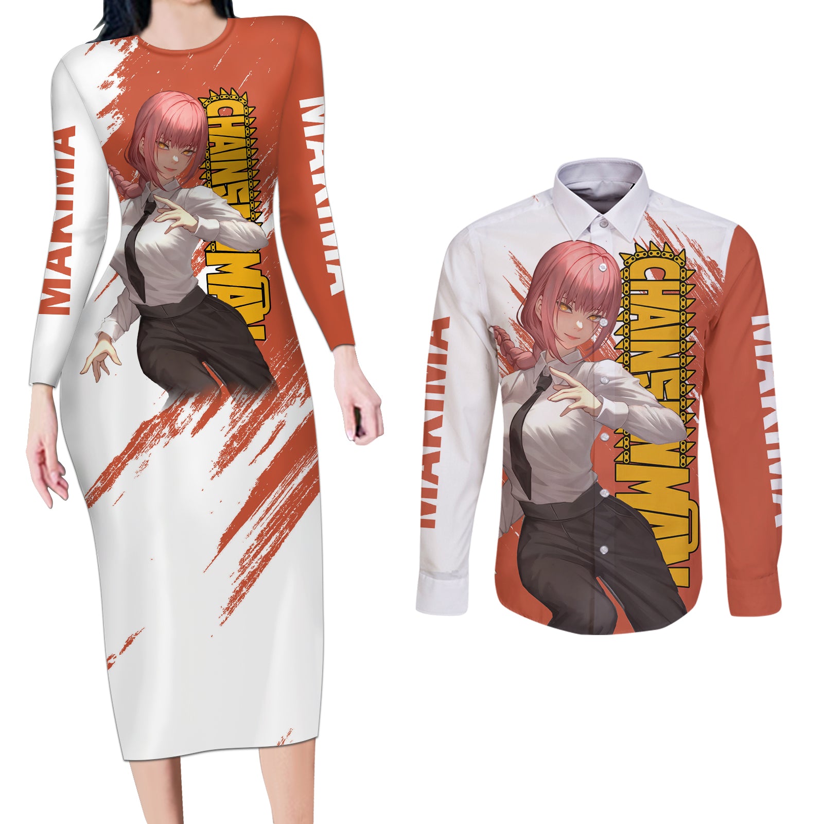 Makima Couples Matching Long Sleeve Bodycon Dress and Long Sleeve Button Shirt Chainsaw Man