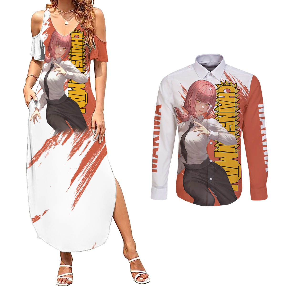 Makima Couples Matching Summer Maxi Dress and Long Sleeve Button Shirt Chainsaw Man