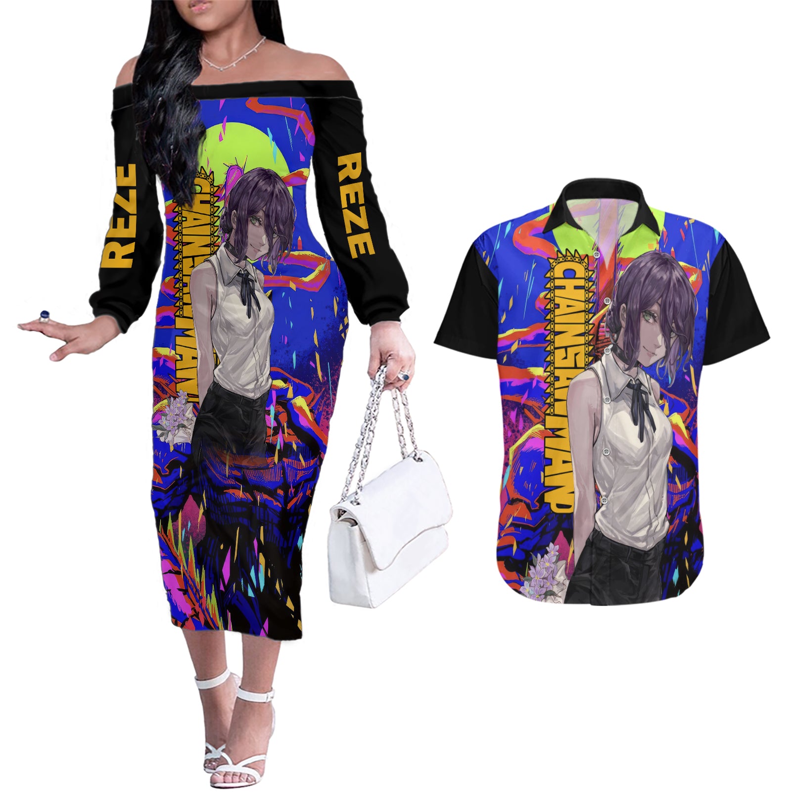 Reze Couples Matching Off The Shoulder Long Sleeve Dress and Hawaiian Shirt Chainsaw Man