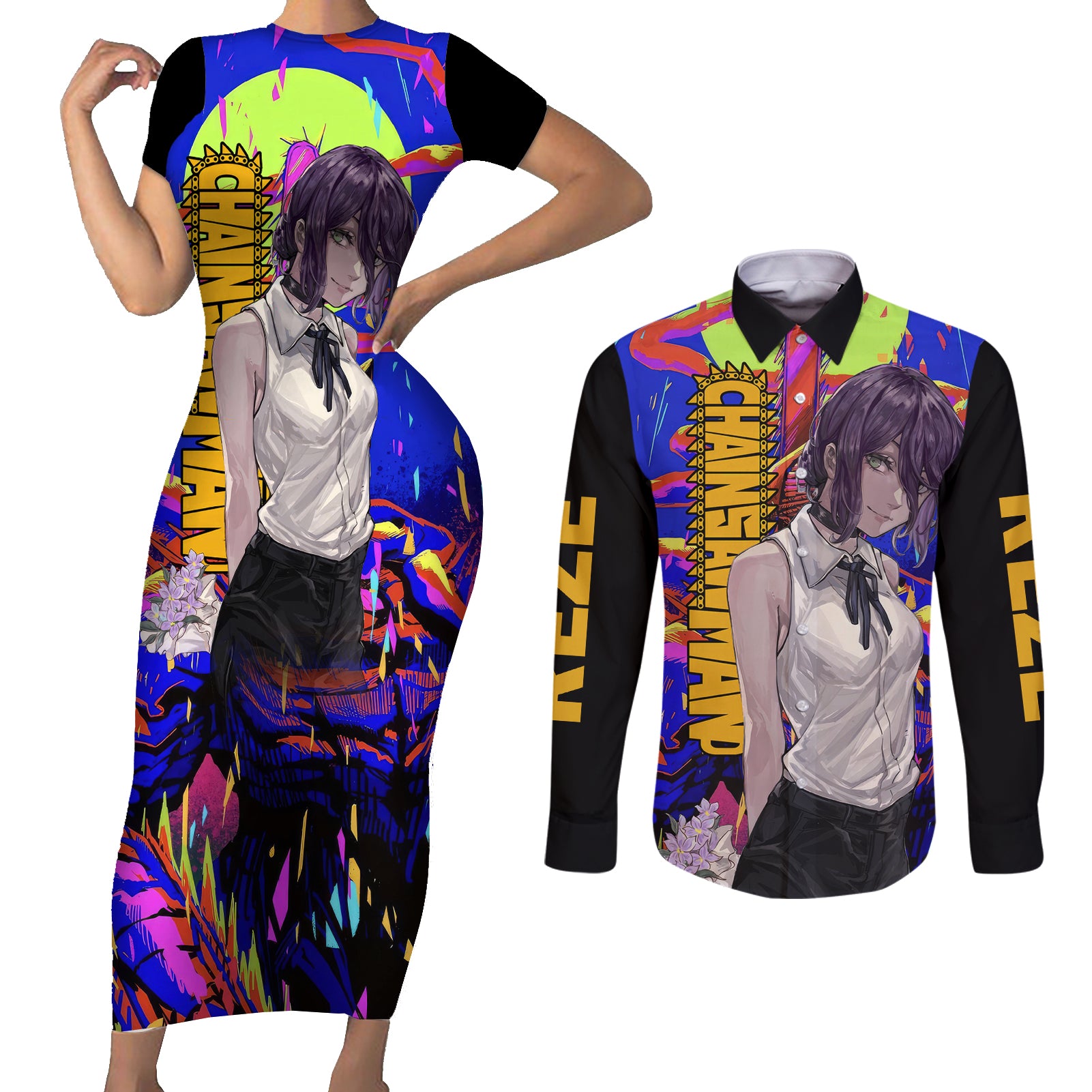 Reze Couples Matching Short Sleeve Bodycon Dress and Long Sleeve Button Shirt Chainsaw Man