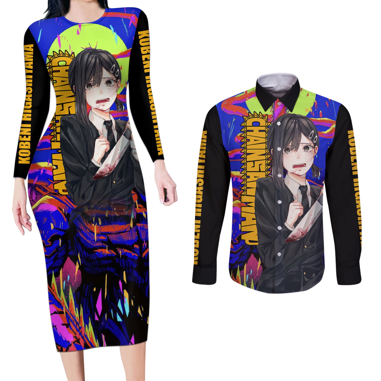 Kobeni Higashiyama Couples Matching Long Sleeve Bodycon Dress and Long Sleeve Button Shirt Chainsaw Man