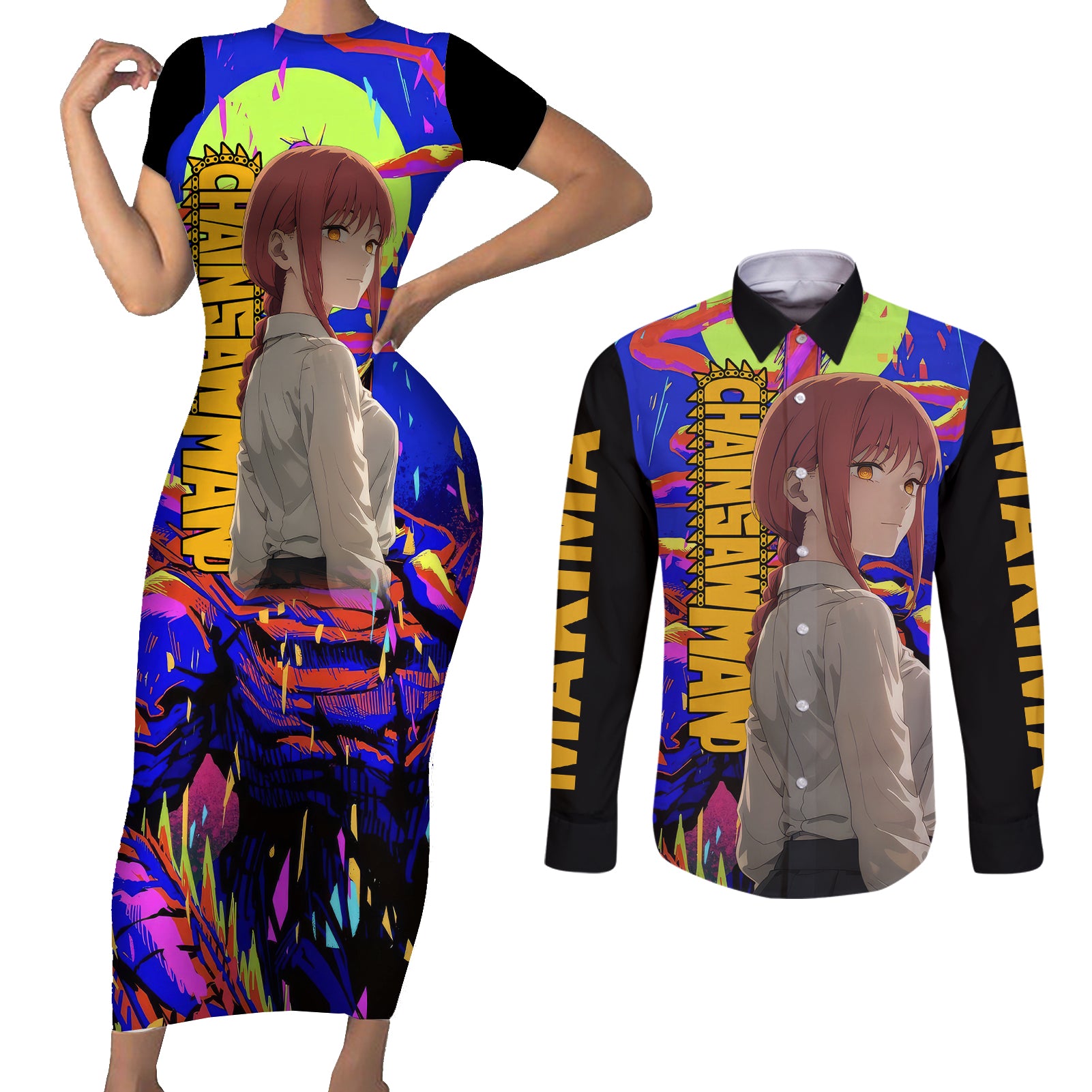 Makima Couples Matching Short Sleeve Bodycon Dress and Long Sleeve Button Shirt Chainsaw Man