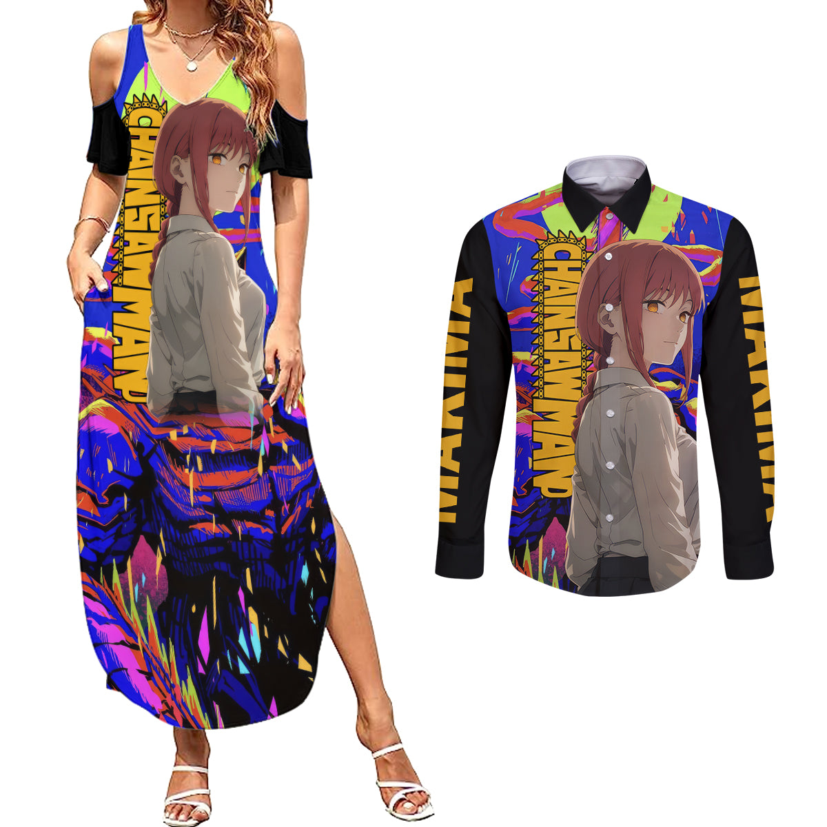 Makima Couples Matching Summer Maxi Dress and Long Sleeve Button Shirt Chainsaw Man