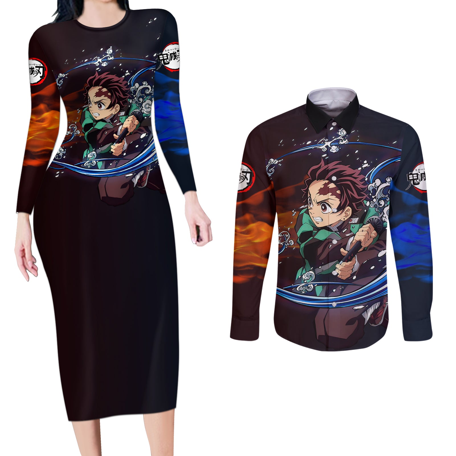 Tanjiro Water and Sun Breathing Demon Slayer Couples Matching Long Sleeve Bodycon Dress and Long Sleeve Button Shirt Anime Style