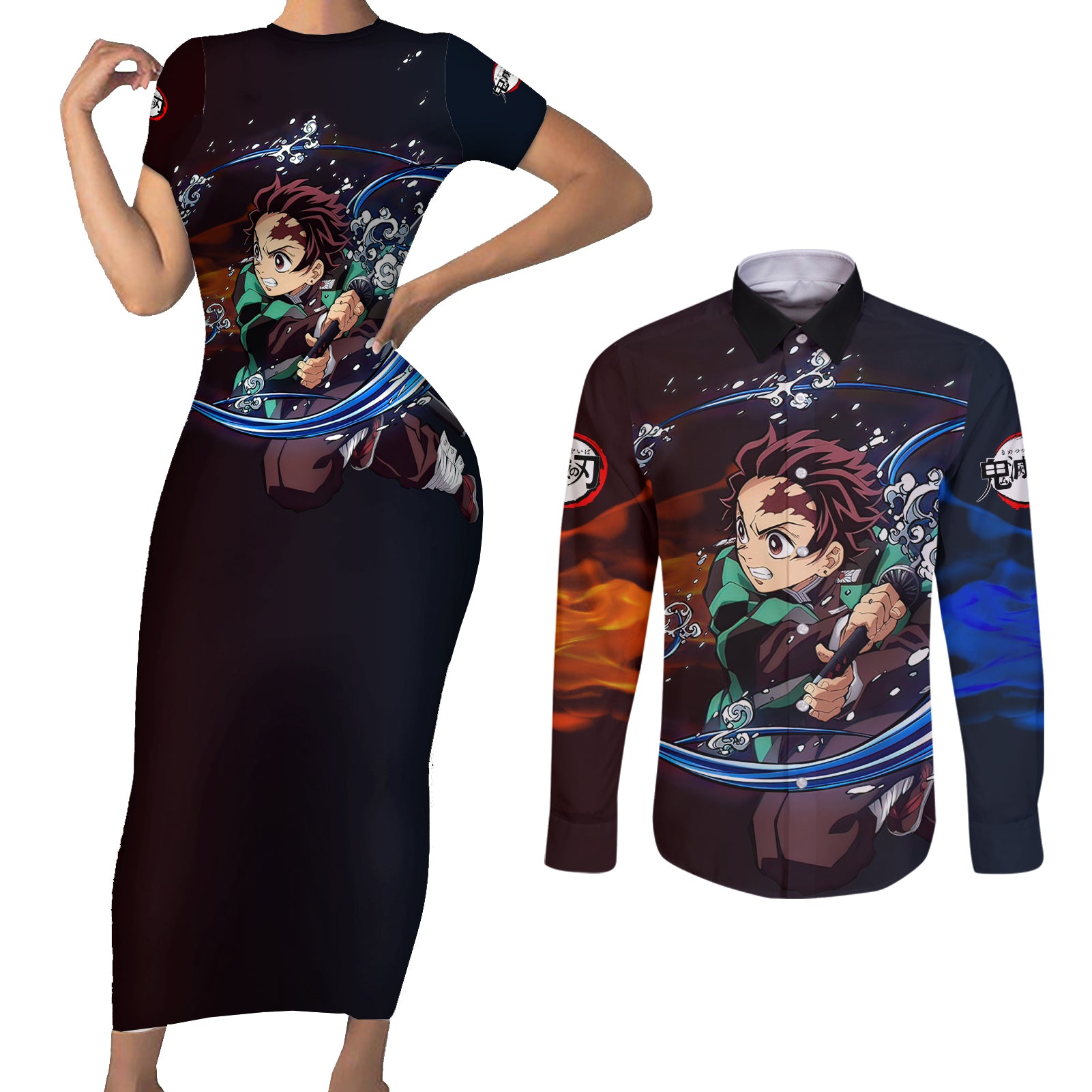 Tanjiro Water and Sun Breathing Demon Slayer Couples Matching Short Sleeve Bodycon Dress and Long Sleeve Button Shirt Anime Style