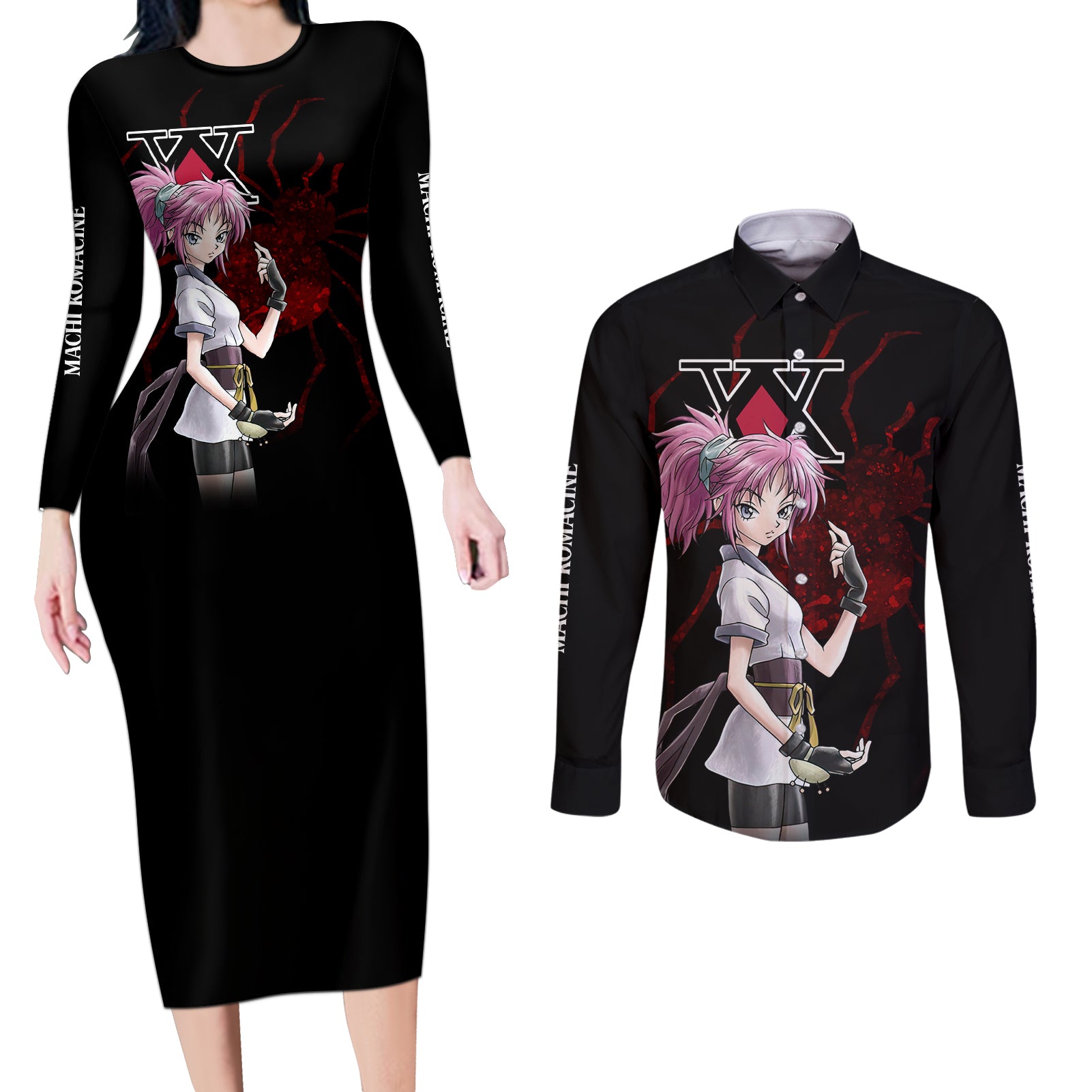 Machi Komacine Phantom Troupe Hunter X Hunter Couples Matching Long Sleeve Bodycon Dress and Long Sleeve Button Shirt Anime Style