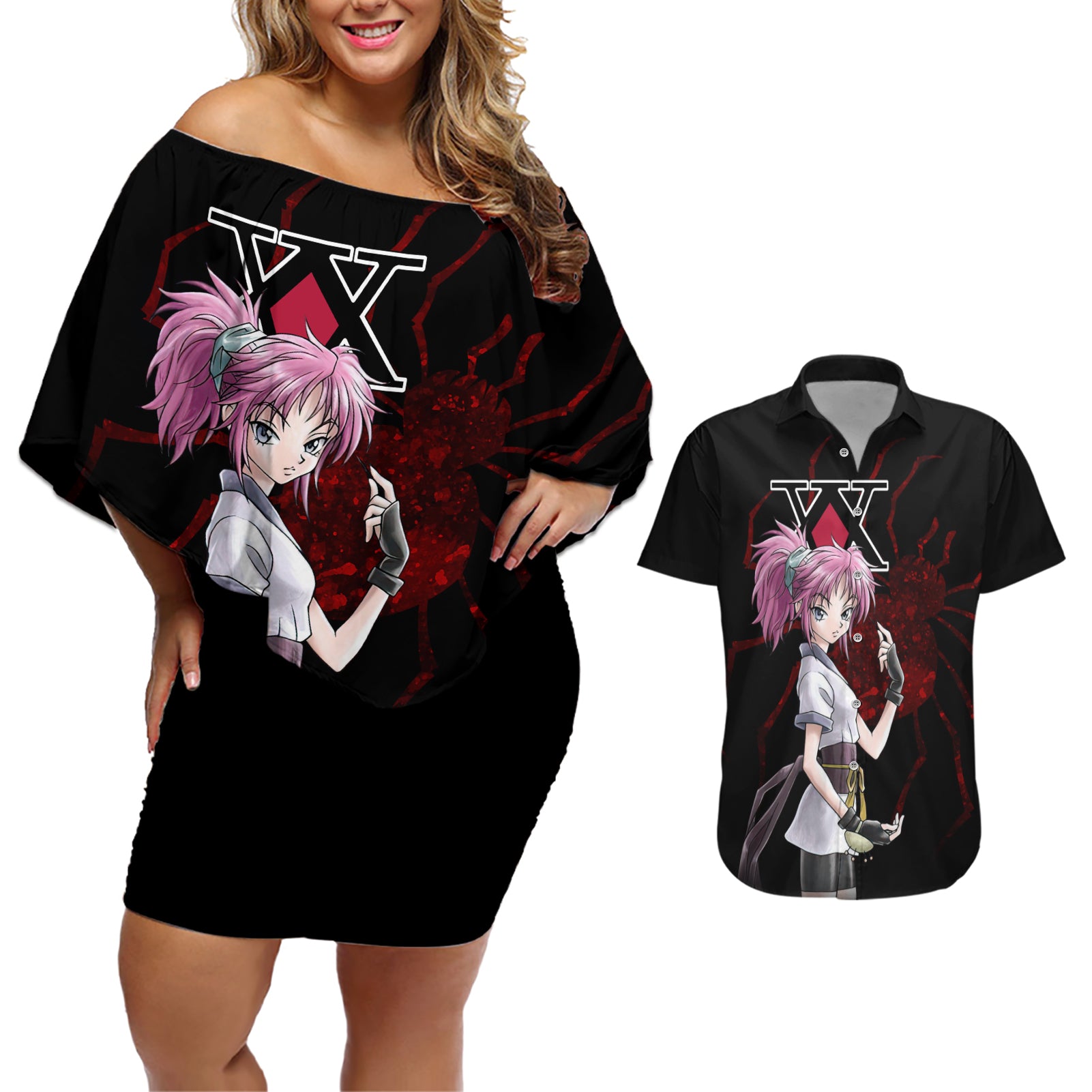 Machi Komacine Phantom Troupe Hunter X Hunter Couples Matching Off Shoulder Short Dress and Hawaiian Shirt Anime Style