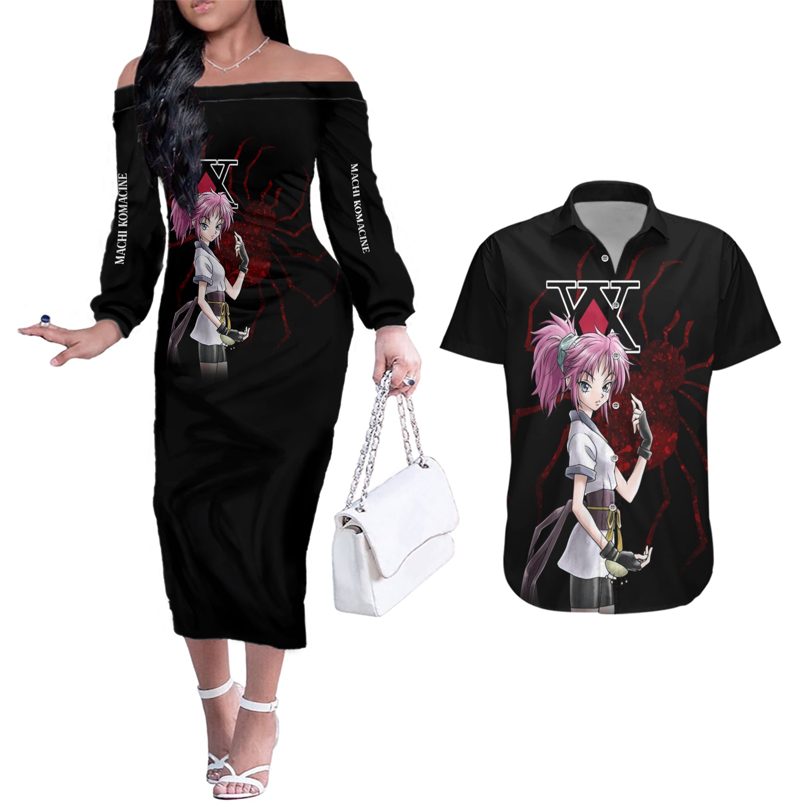 Machi Komacine Phantom Troupe Hunter X Hunter Couples Matching Off The Shoulder Long Sleeve Dress and Hawaiian Shirt Anime Style