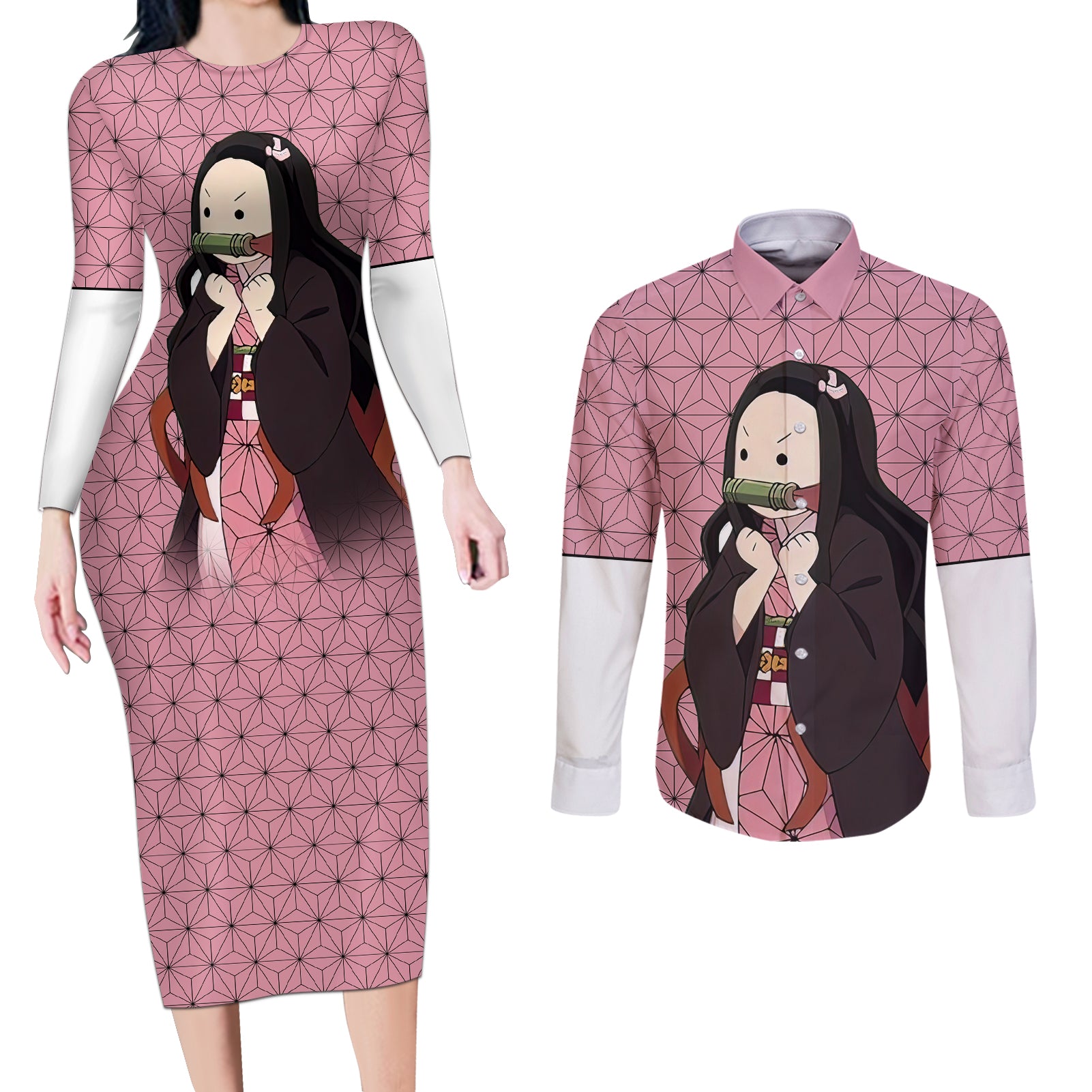 Kimetsu Nezuko Demon Slayer Couples Matching Long Sleeve Bodycon Dress and Long Sleeve Button Shirt Anime Funny Style