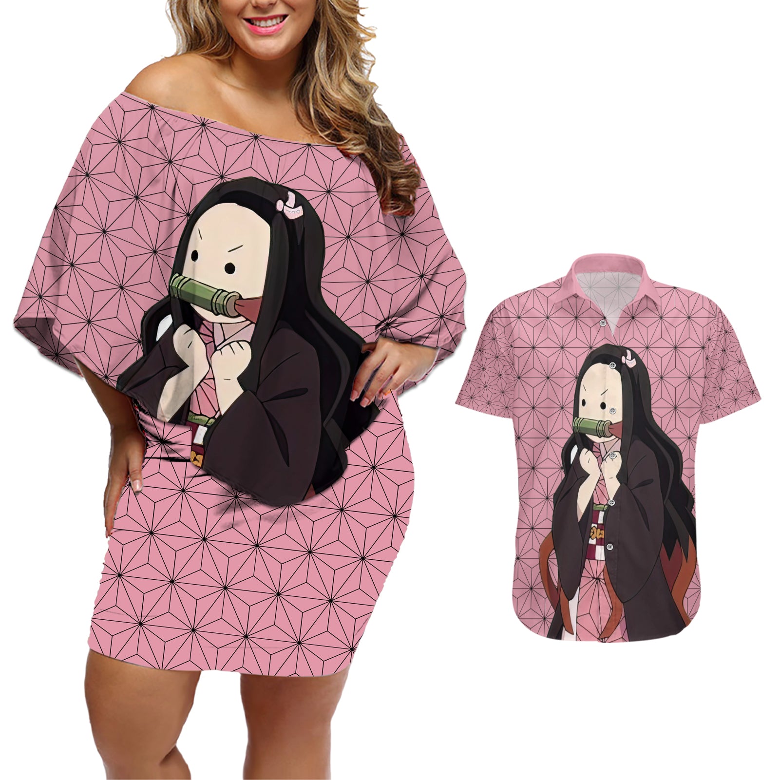 Kimetsu Nezuko Demon Slayer Couples Matching Off Shoulder Short Dress and Hawaiian Shirt Anime Funny Style