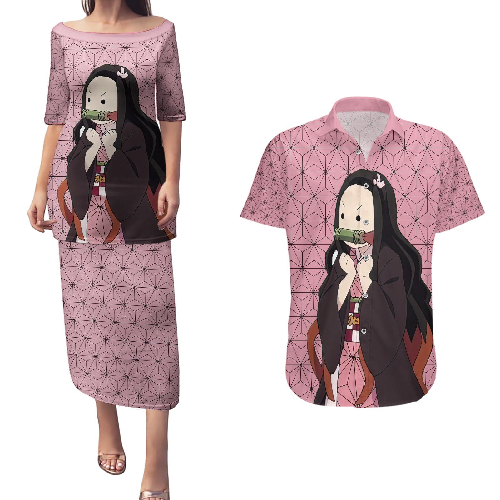 Kimetsu Nezuko Demon Slayer Couples Matching Puletasi and Hawaiian Shirt Anime Funny Style