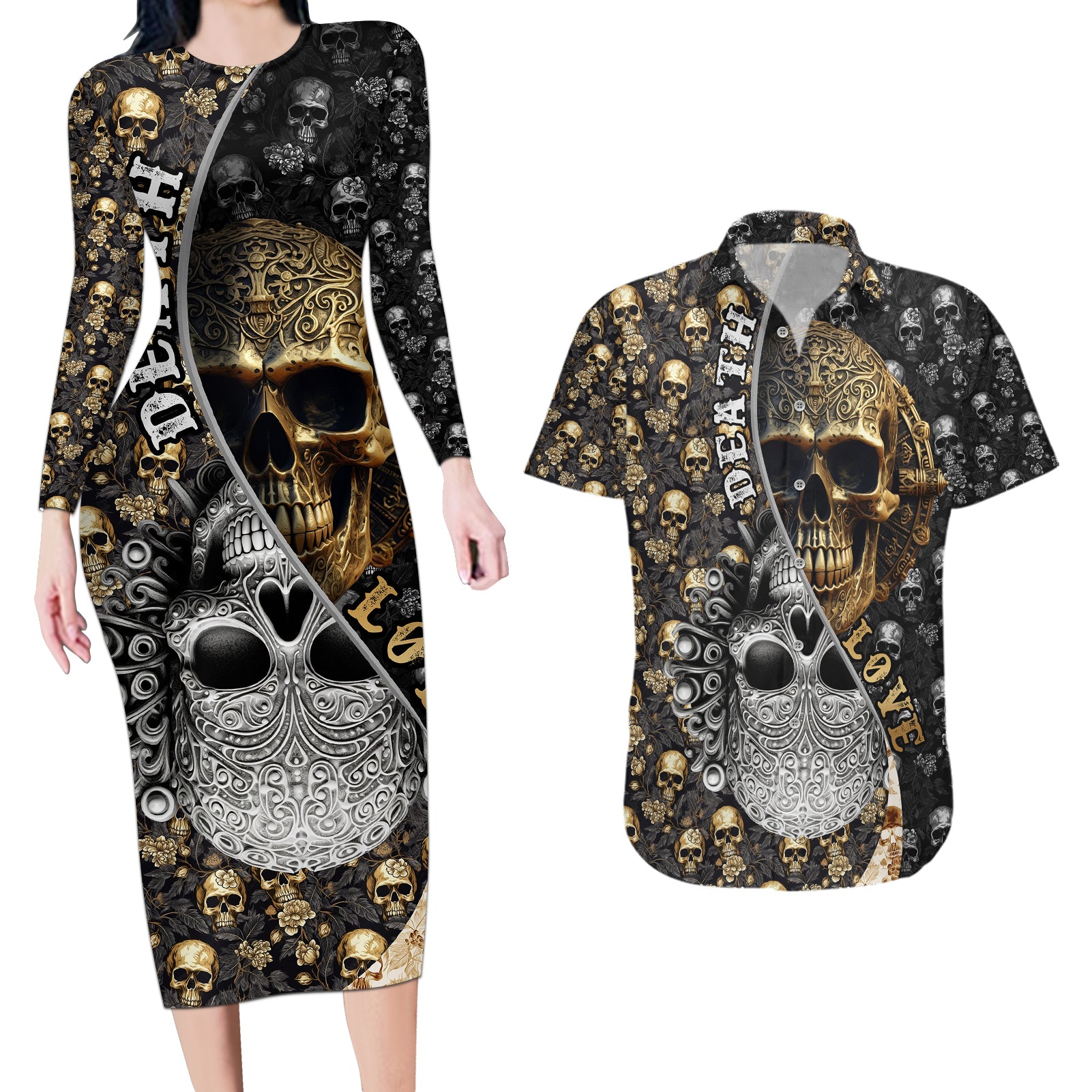 skull-pattern-couples-matching-long-sleeve-bodycon-dress-and-hawaiian-shirt-love-and-death