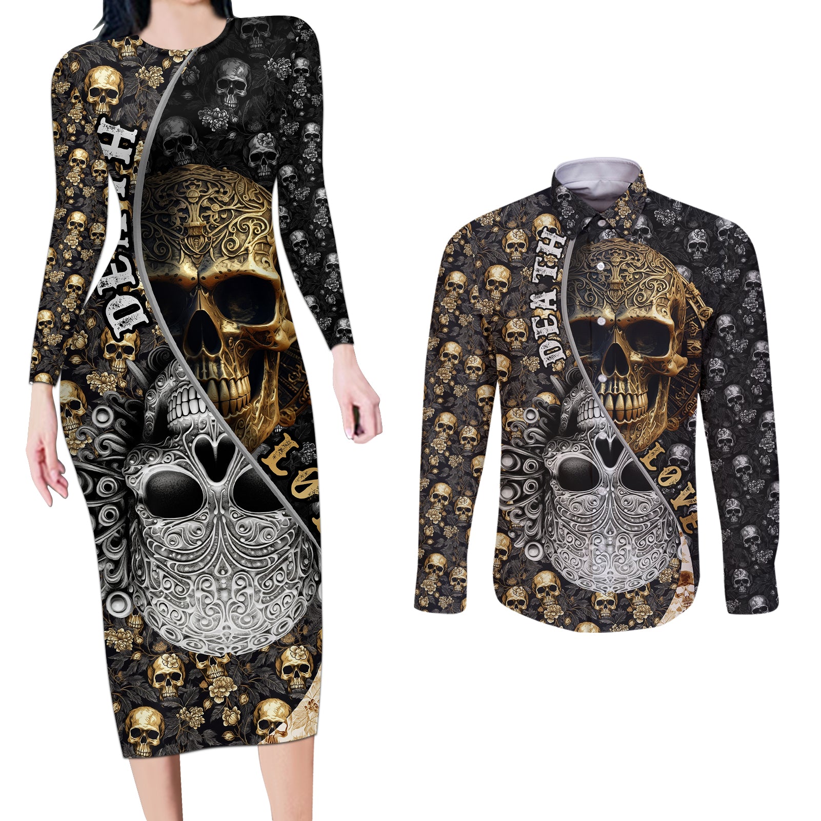 skull-pattern-couples-matching-long-sleeve-bodycon-dress-and-long-sleeve-button-shirts-love-and-death