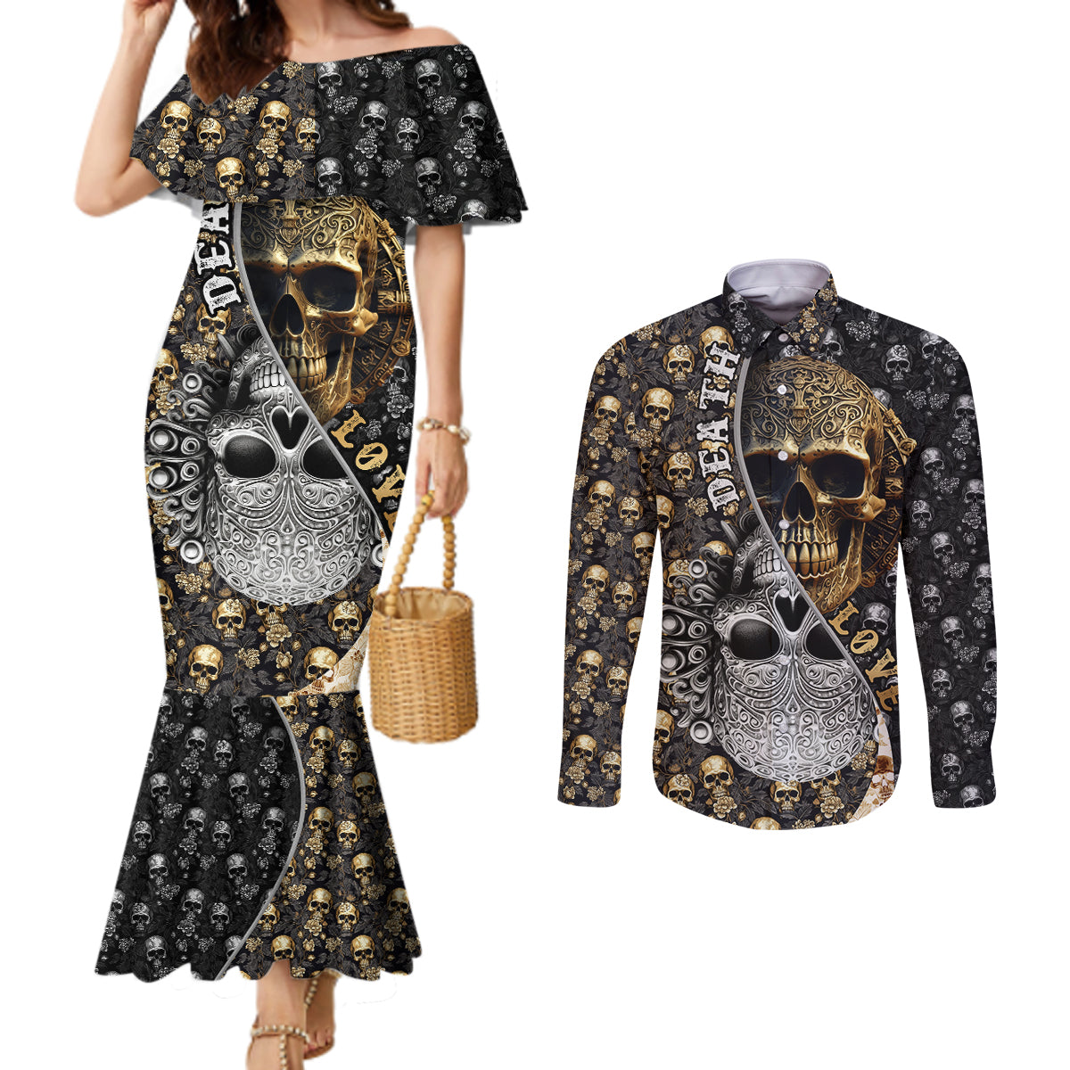 skull-pattern-couples-matching-mermaid-dress-and-long-sleeve-button-shirts-love-and-death