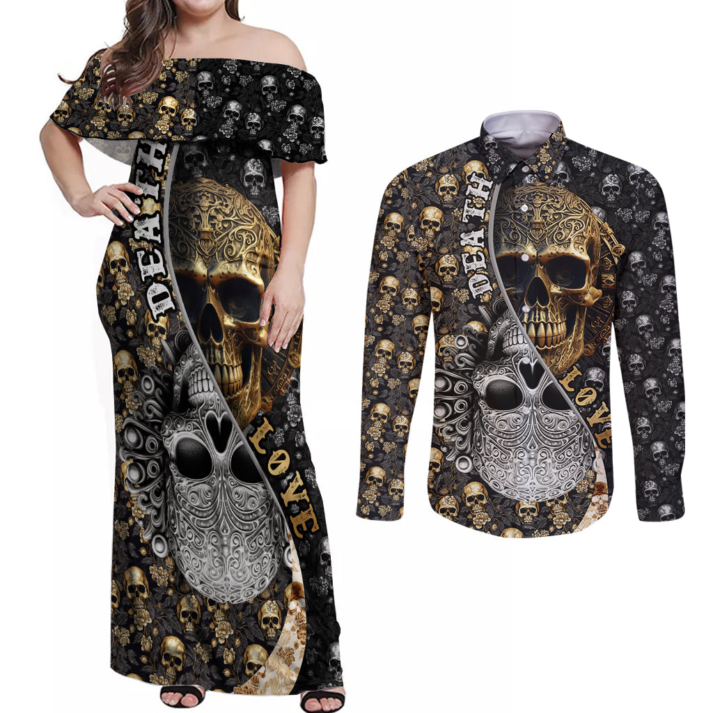 skull-pattern-couples-matching-off-shoulder-maxi-dress-and-long-sleeve-button-shirts-love-and-death