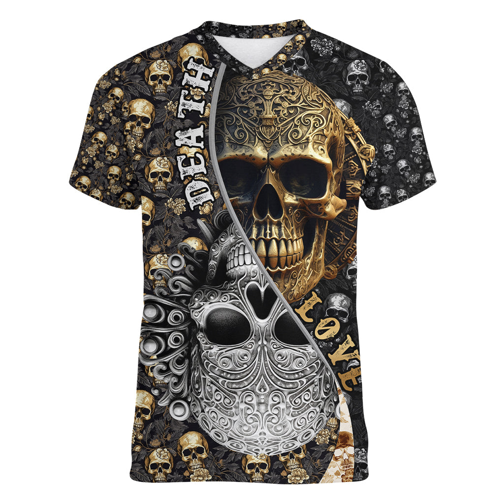 skull-pattern-women-v-neck-t-shirt-love-and-death